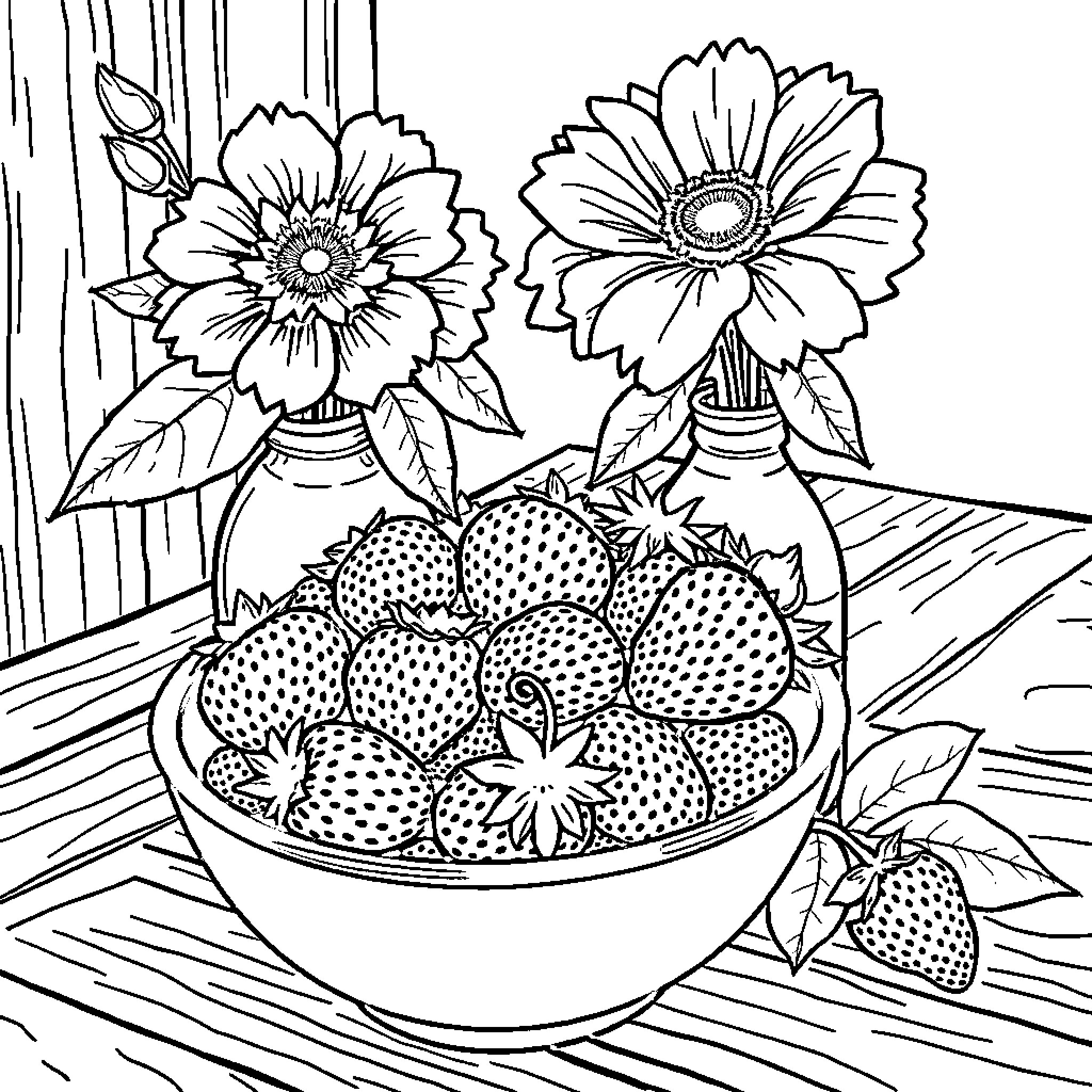 Strawberry Blossoms in Vase with Fruit Bowl Coloring Page (free black-and-white line drawing printable PDF for all, from beginners to advanced learners, including children, teens, adults, and seniors)