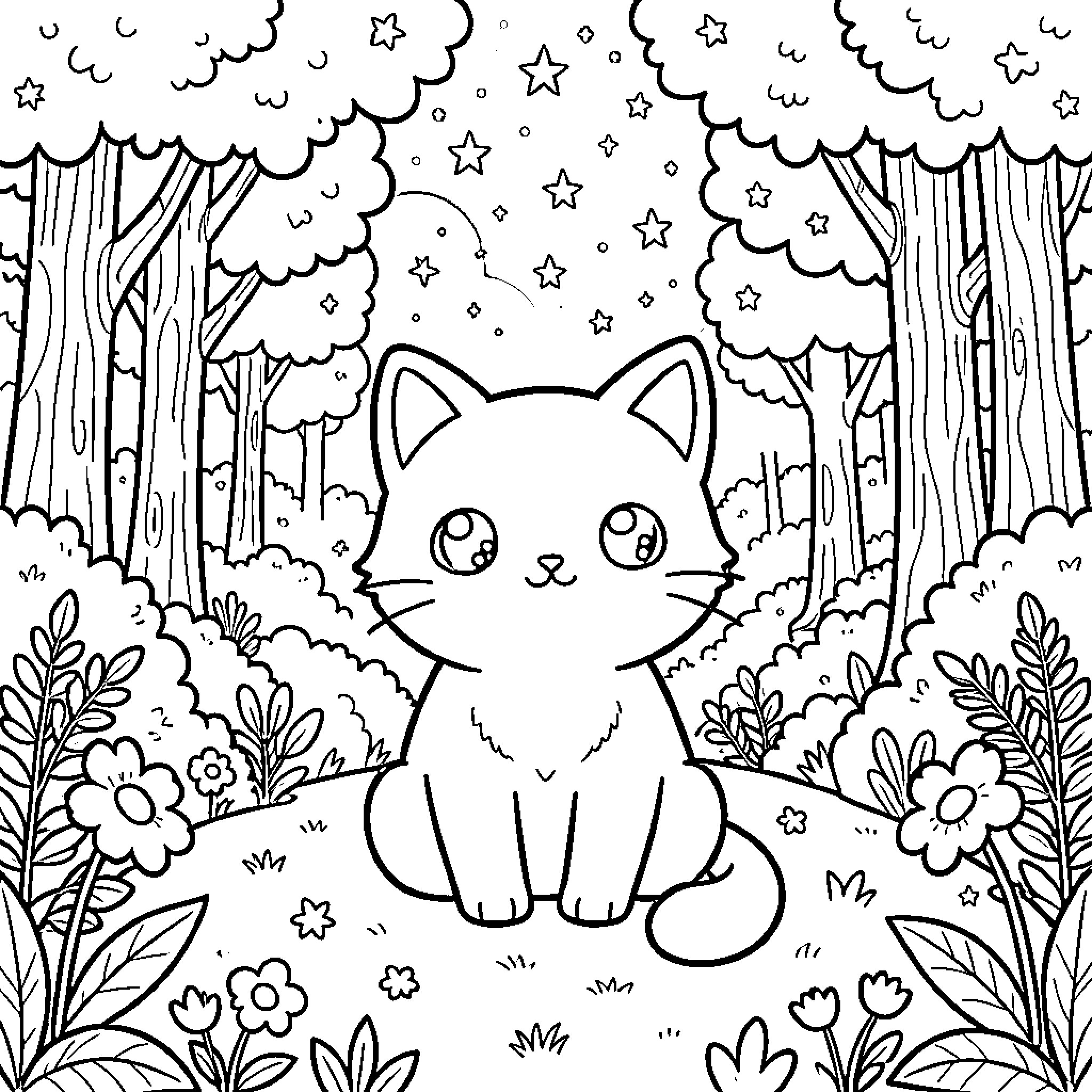 Cat exploring enchanted forest at night Coloring Page (free black-and-white line drawing printable PDF for all, from beginners to advanced learners, including children, teens, adults, and seniors)