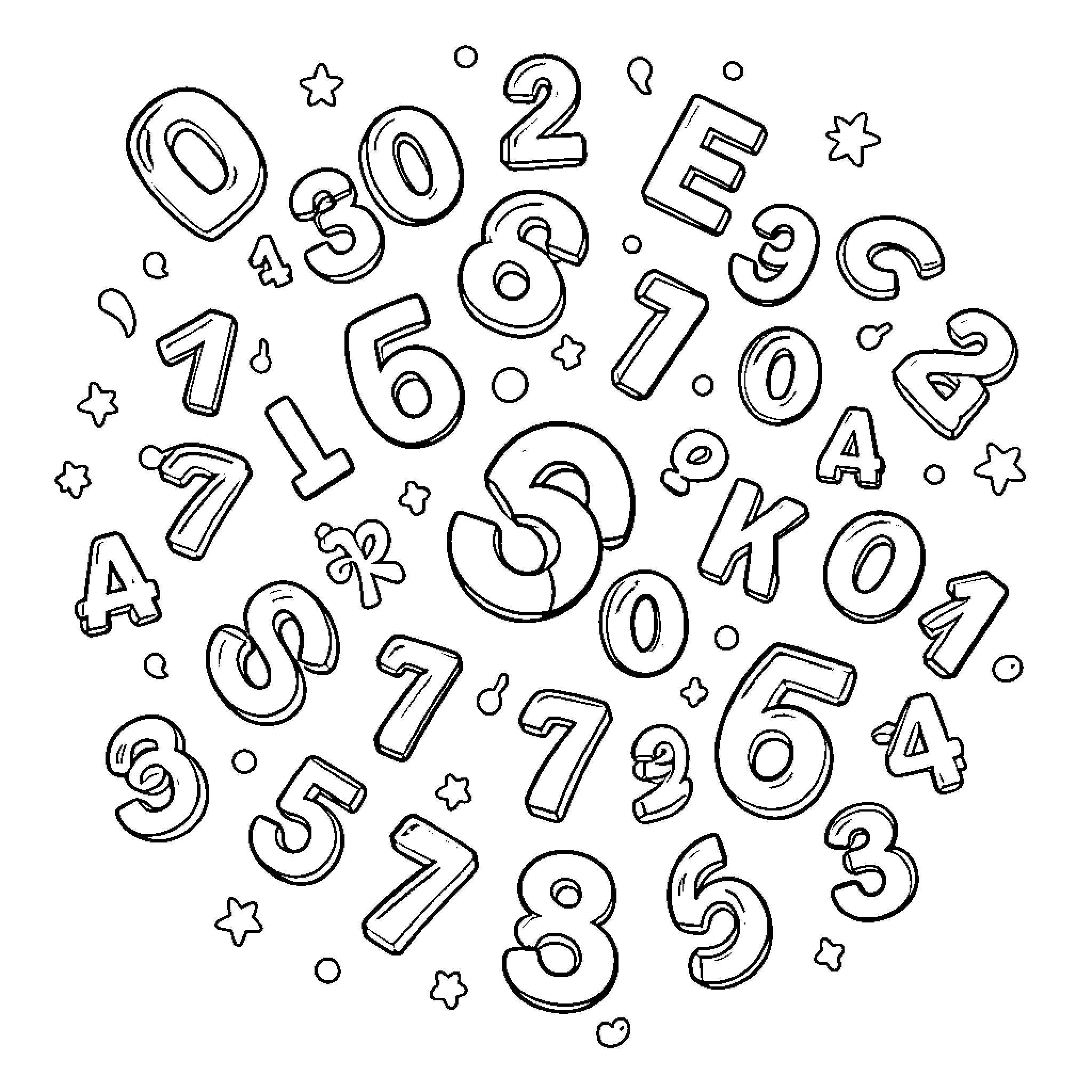 Letter and Number Doodle with Swirls and Stars Coloring Page (free black-and-white line drawing printable PDF for all, from beginners to advanced learners, including children, teens, adults, and seniors)