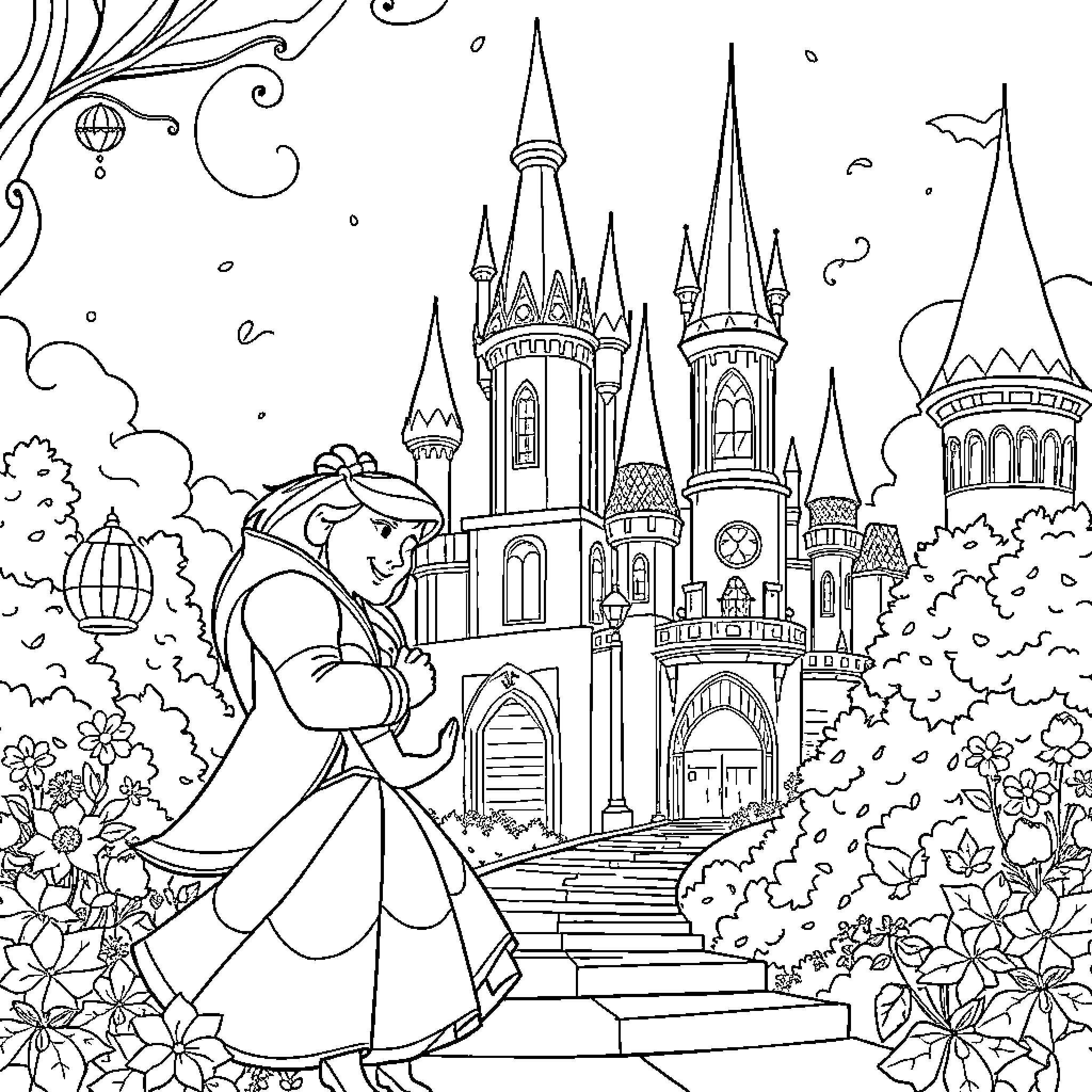 Beauty And The Beast Embrace Before Castle Coloring Page (free black-and-white line drawing printable PDF for all, from beginners to advanced learners, including children, teens, adults, and seniors)