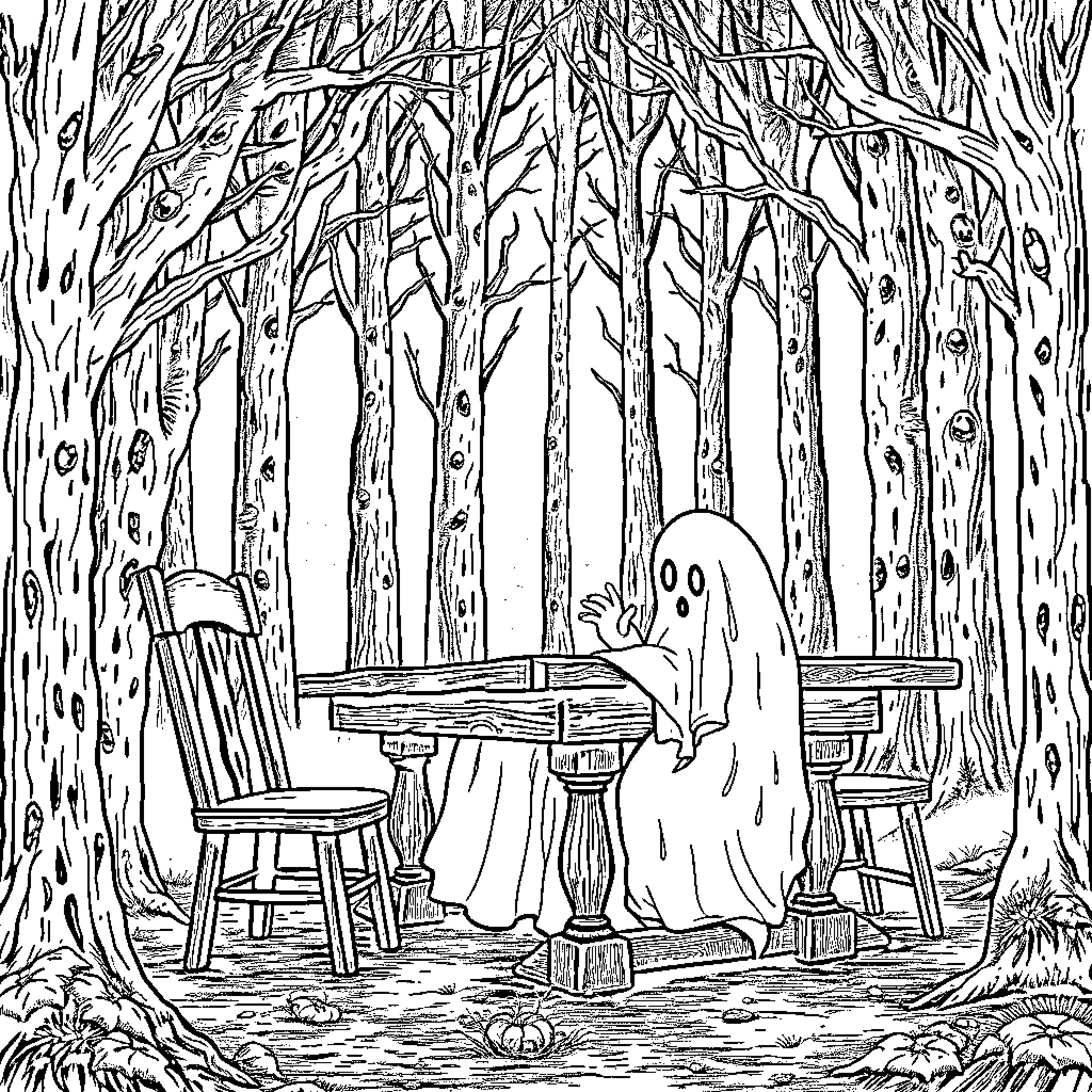 Ghost playing piano in a spooky forest Coloring Page (free black-and-white line drawing printable PDF for all, from beginners to advanced learners, including children, teens, adults, and seniors)