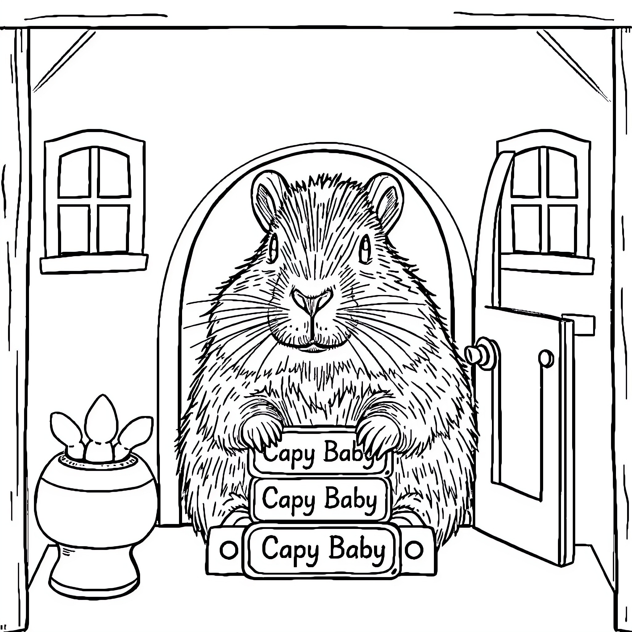 Capybara relaxing in a cozy home setting Coloring Page (free black-and-white line drawing printable PDF for all, from beginners to advanced learners, including children, teens, adults, and seniors)