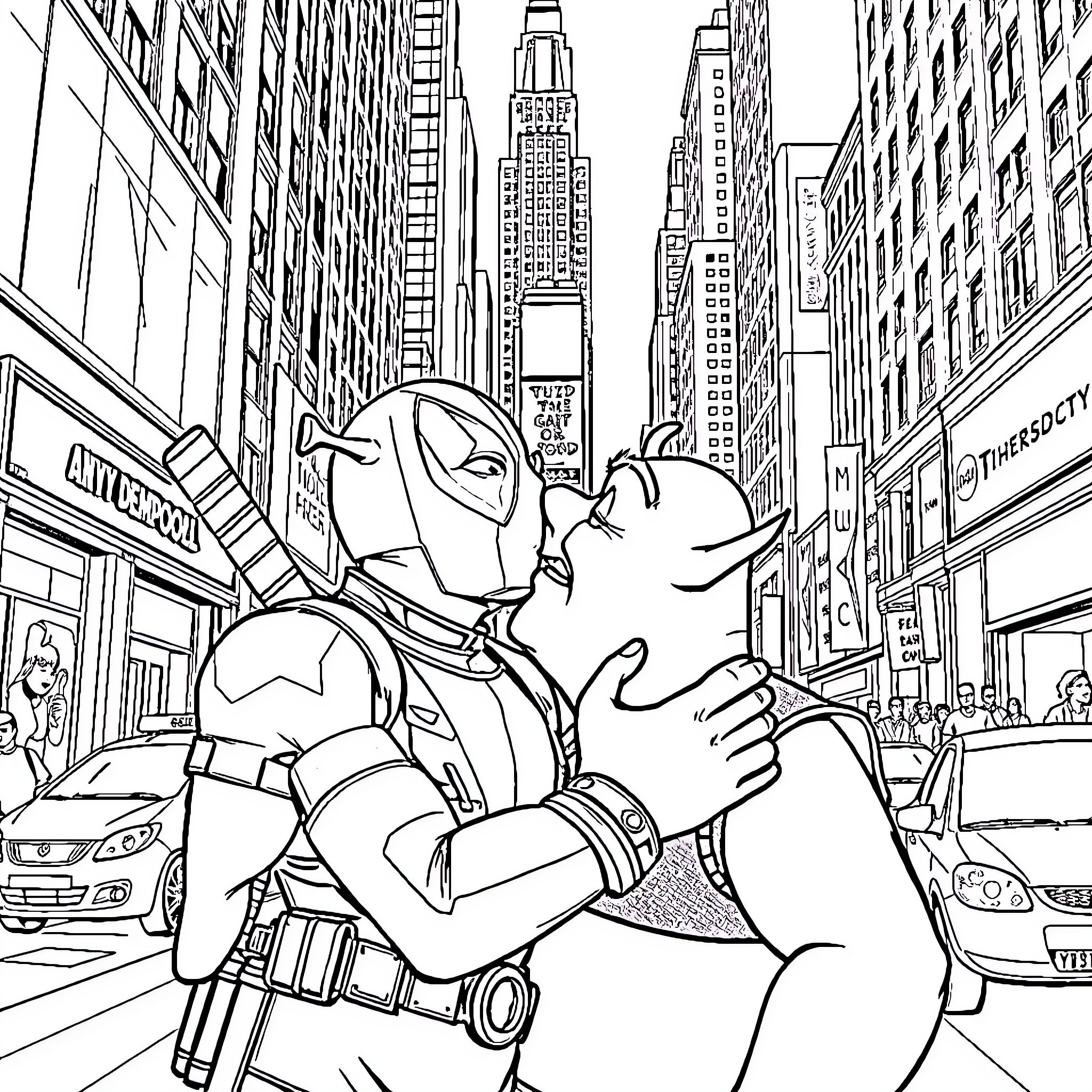 Deadpool's Playful Embrace in the City Streets Coloring Page (free black-and-white line drawing printable PDF for all, from beginners to advanced learners, including children, teens, adults, and seniors)