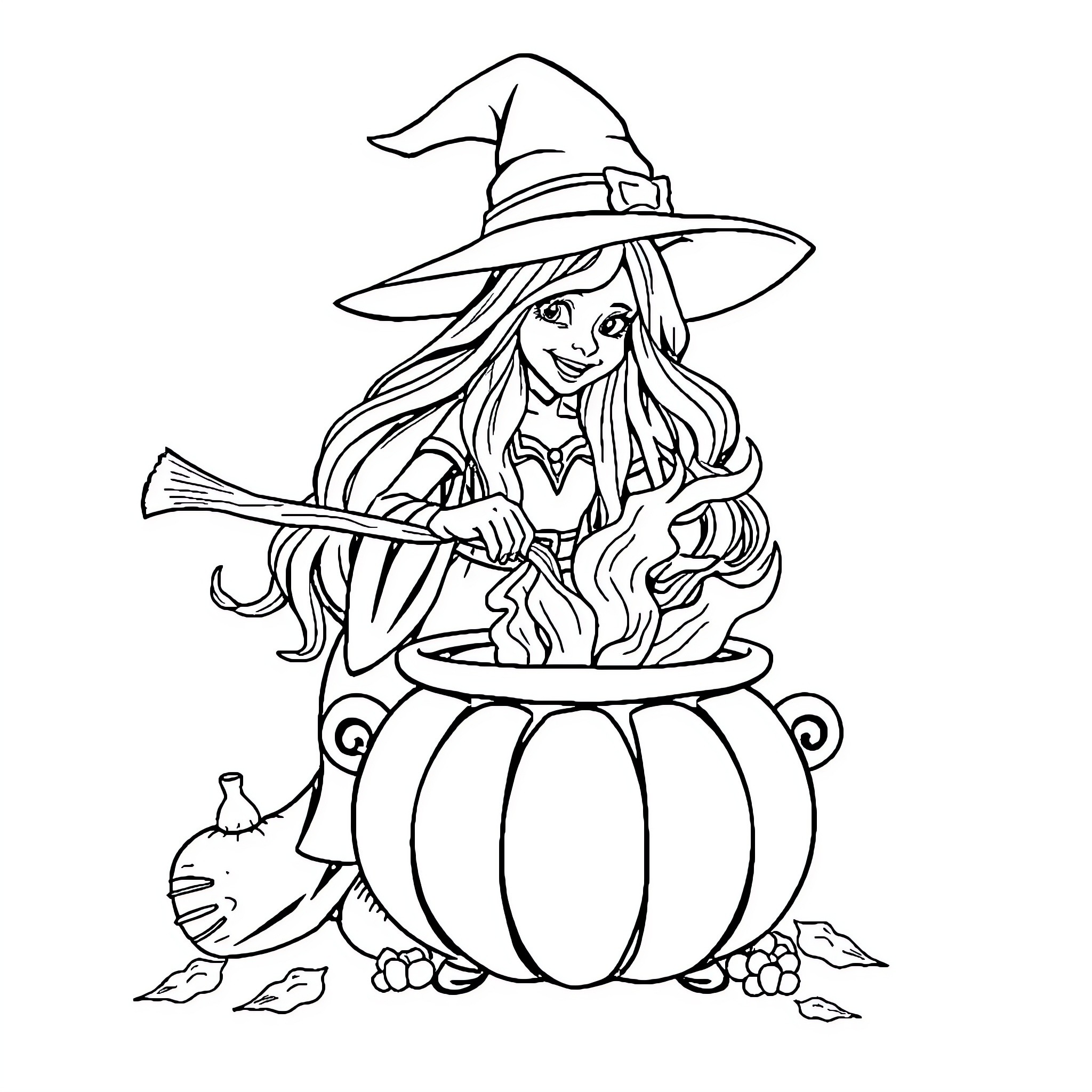 Witch mixing a potion in a cauldron Coloring Page (free black-and-white line drawing printable PDF for all, from beginners to advanced learners, including children, teens, adults, and seniors)