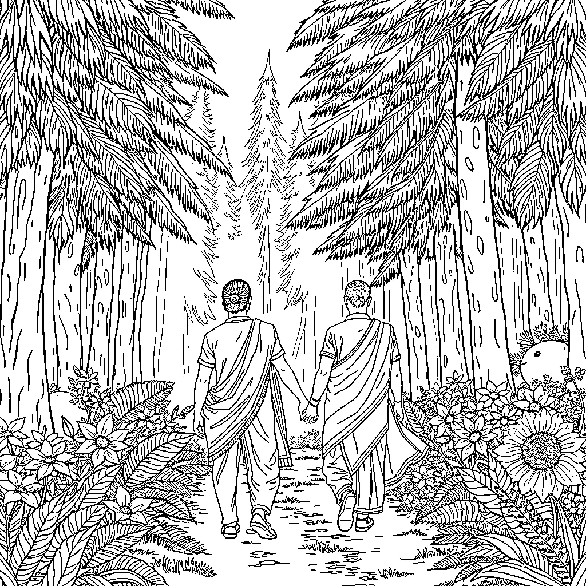 Couple strolling through serene forest landscape Coloring Page (free black-and-white line drawing printable PDF for all, from beginners to advanced learners, including children, teens, adults, and seniors)
