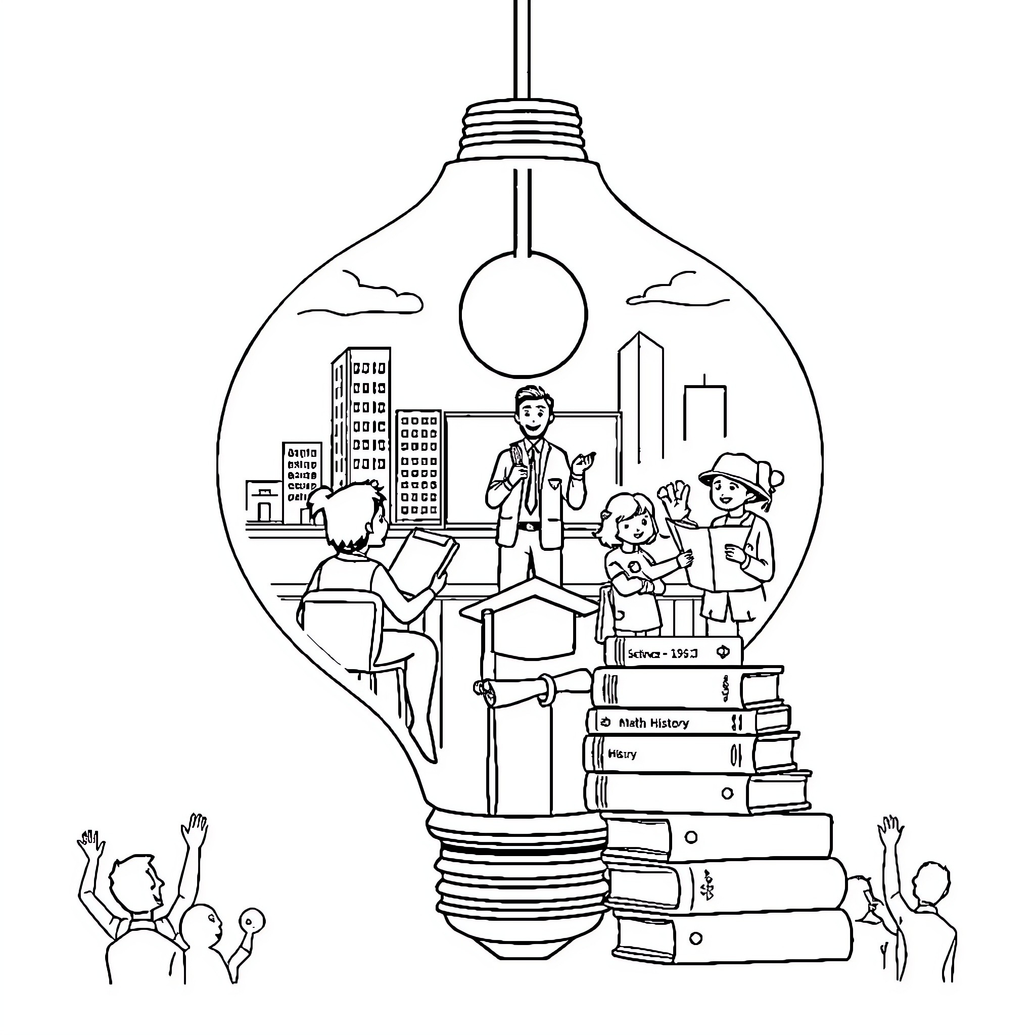 Light Bulb Filled with Educational Scenes and People Coloring Page (free black-and-white line drawing printable PDF for all, from beginners to advanced learners, including children, teens, adults, and seniors)