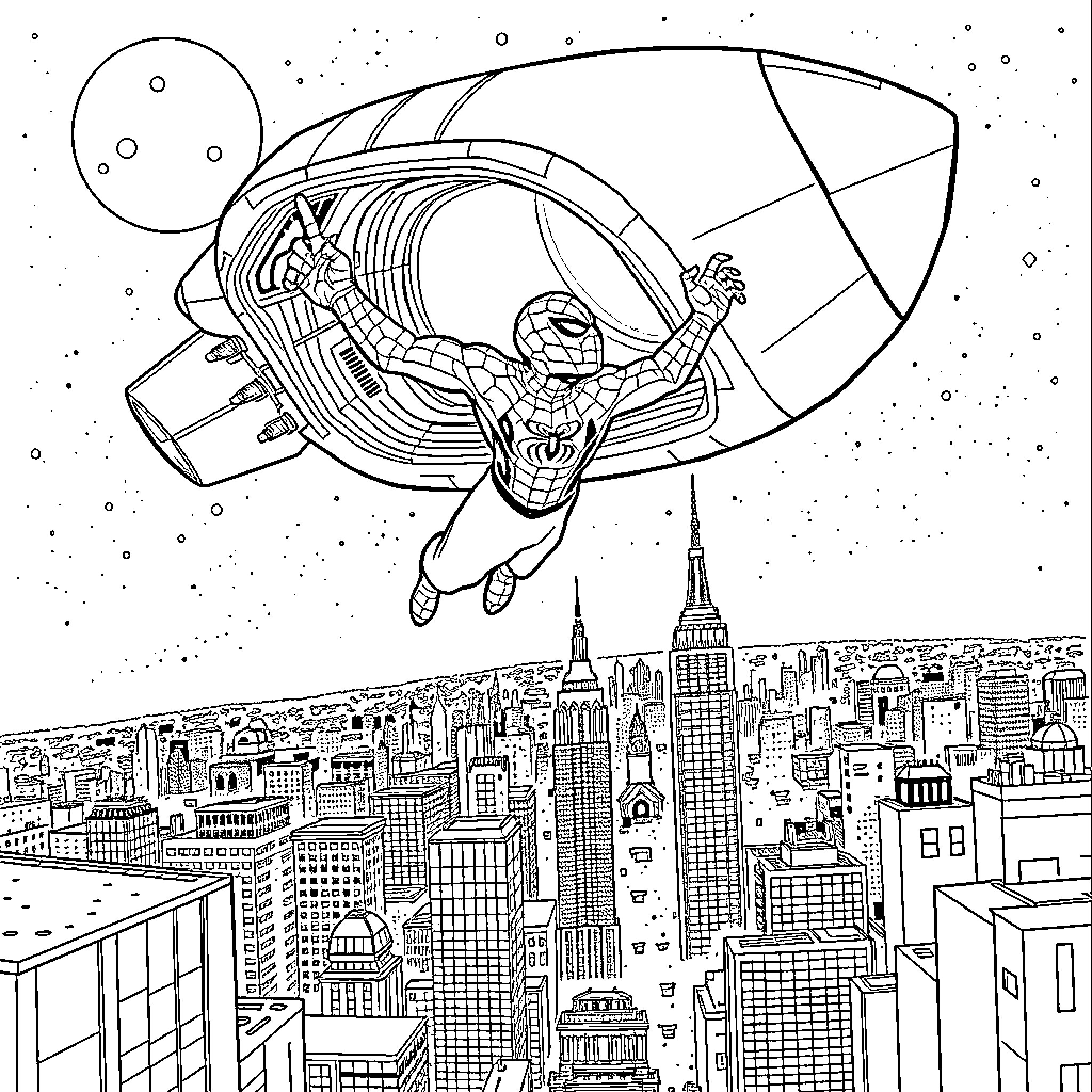 Spiderman swinging through the city skyscrapers Coloring Page (free black-and-white line drawing printable PDF for all, from beginners to advanced learners, including children, teens, adults, and seniors)