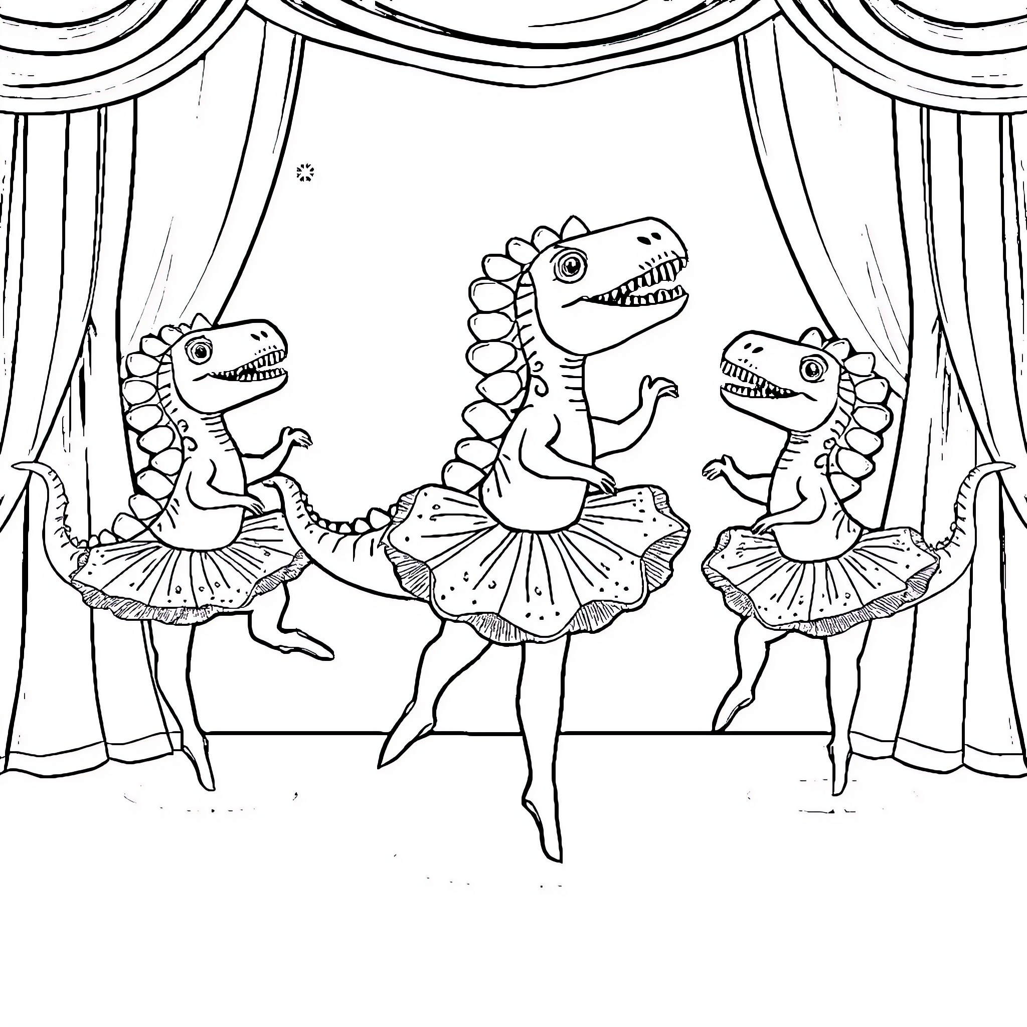 Dinosaur Ballerinas Performing on Stage Coloring Page (free black-and-white line drawing printable PDF for all, from beginners to advanced learners, including children, teens, adults, and seniors)