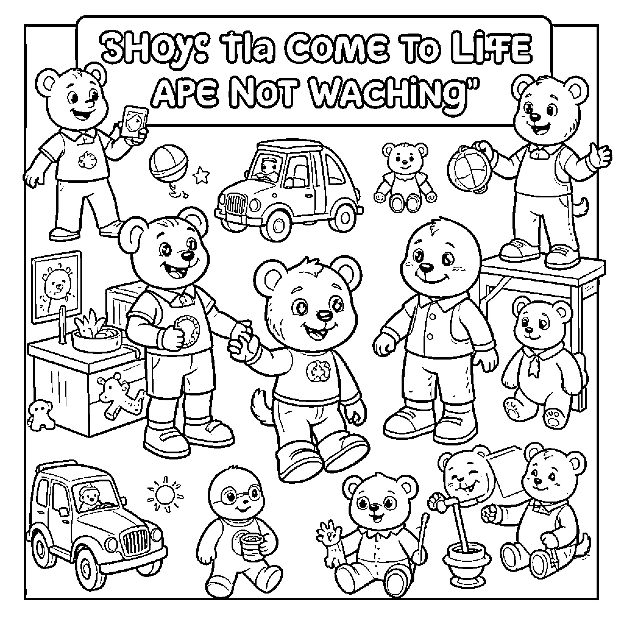 Toy bears coming to life and playing together Coloring Page (free black-and-white line drawing printable PDF for all, from beginners to advanced learners, including children, teens, adults, and seniors)