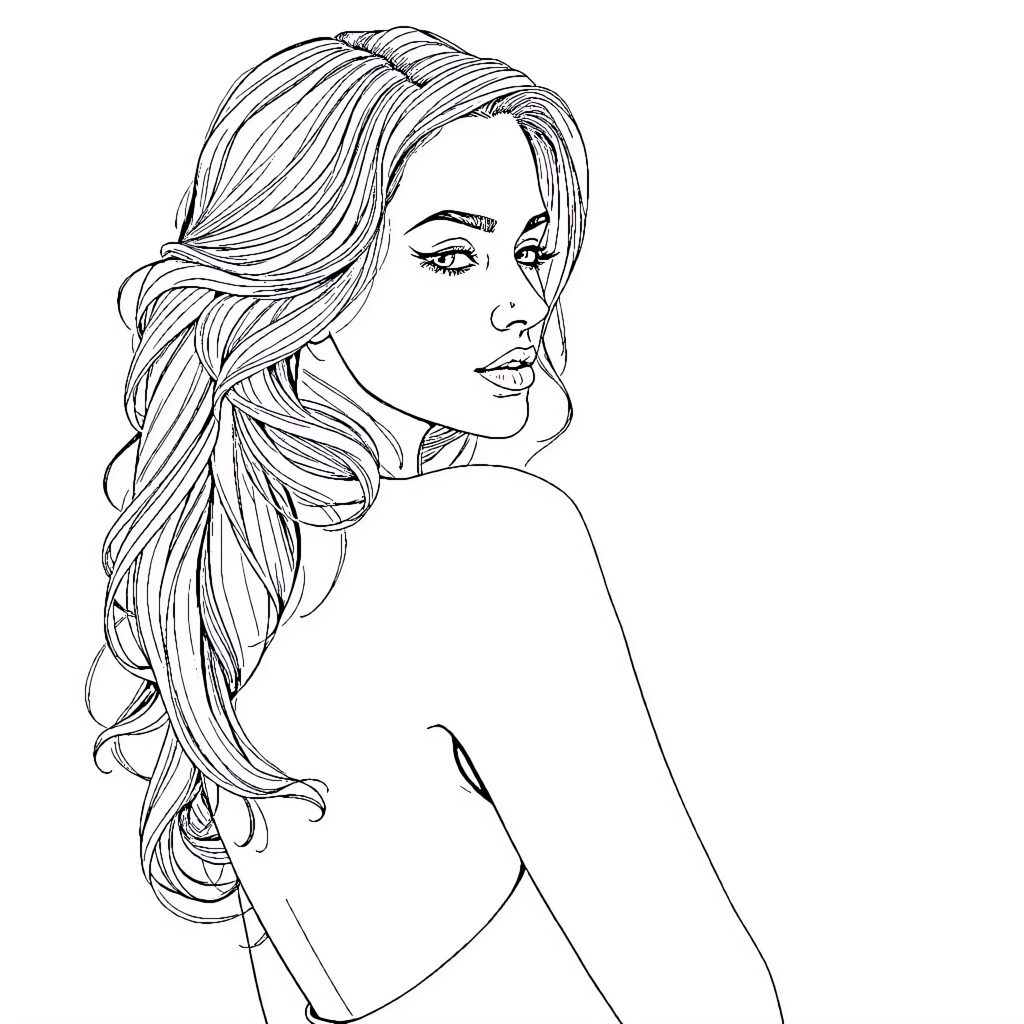 Woman with flowing hair in pensive pose Coloring Page (free black-and-white line drawing printable PDF for all, from beginners to advanced learners, including children, teens, adults, and seniors)