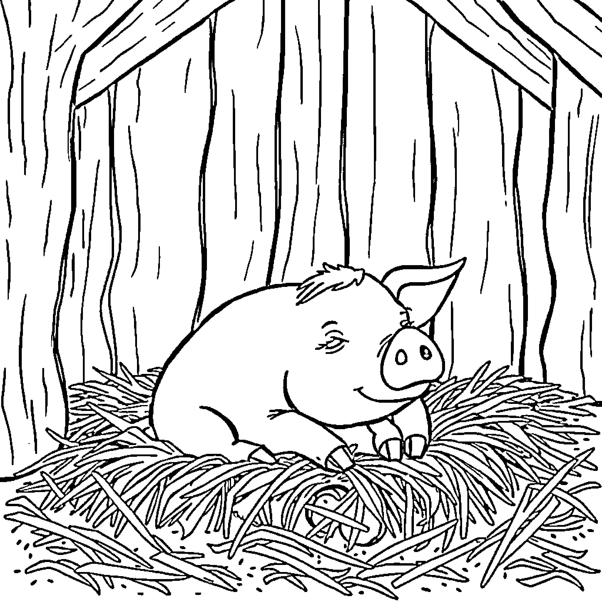 Pig resting comfortably in its cozy nest Coloring Page (free black-and-white line drawing printable PDF for all, from beginners to advanced learners, including children, teens, adults, and seniors)