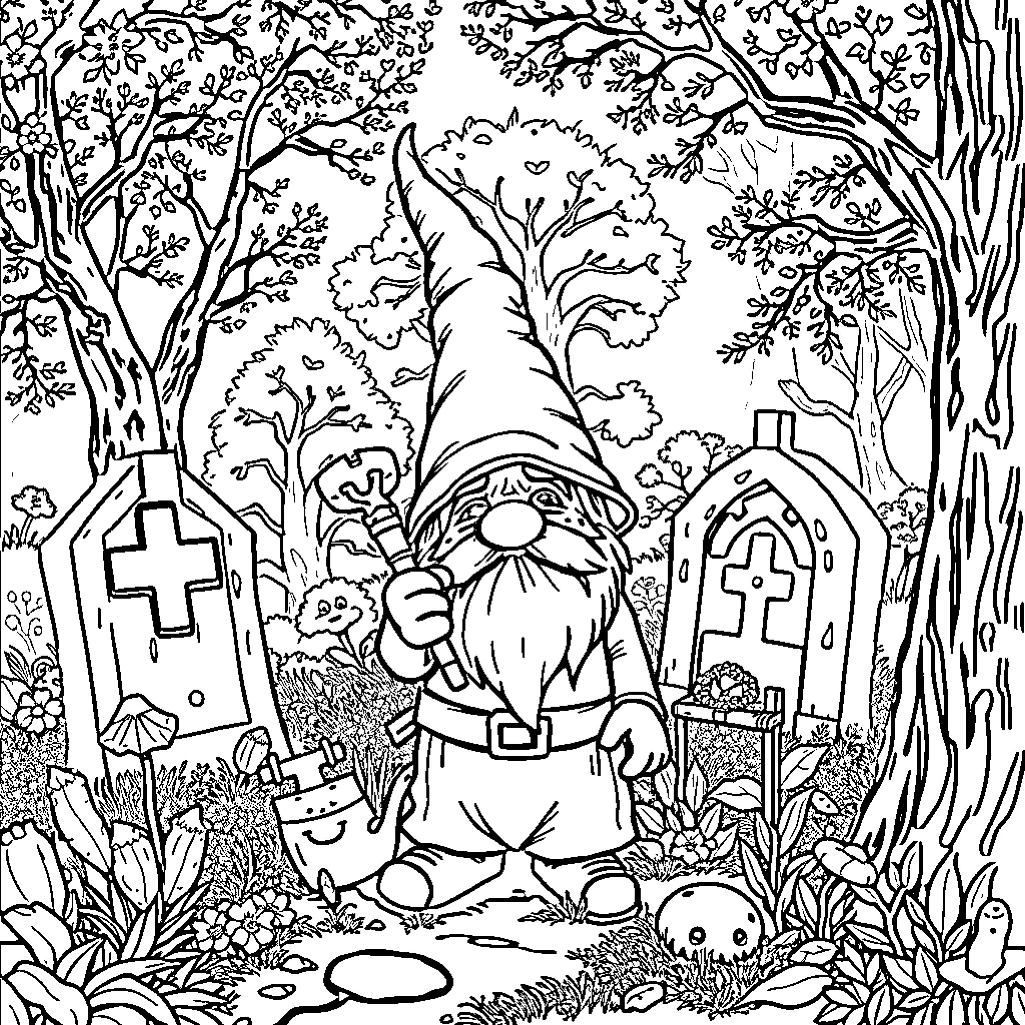 Gnome exploring a mysterious graveyard Coloring Page (free black-and-white line drawing printable PDF for all, from beginners to advanced learners, including children, teens, adults, and seniors)