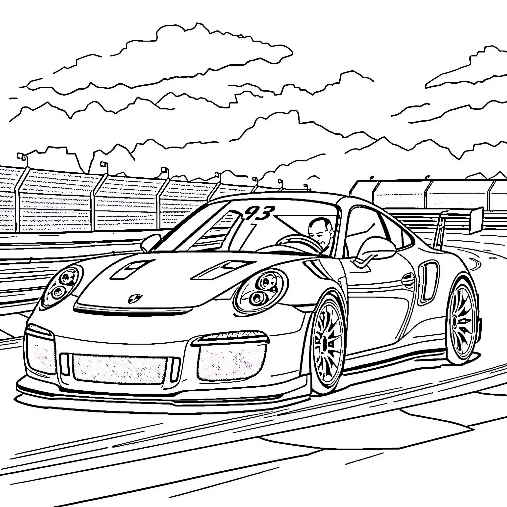 Car racing on the track with clouds in the sky Coloring Page (free black-and-white line drawing printable PDF for all, from beginners to advanced learners, including children, teens, adults, and seniors)