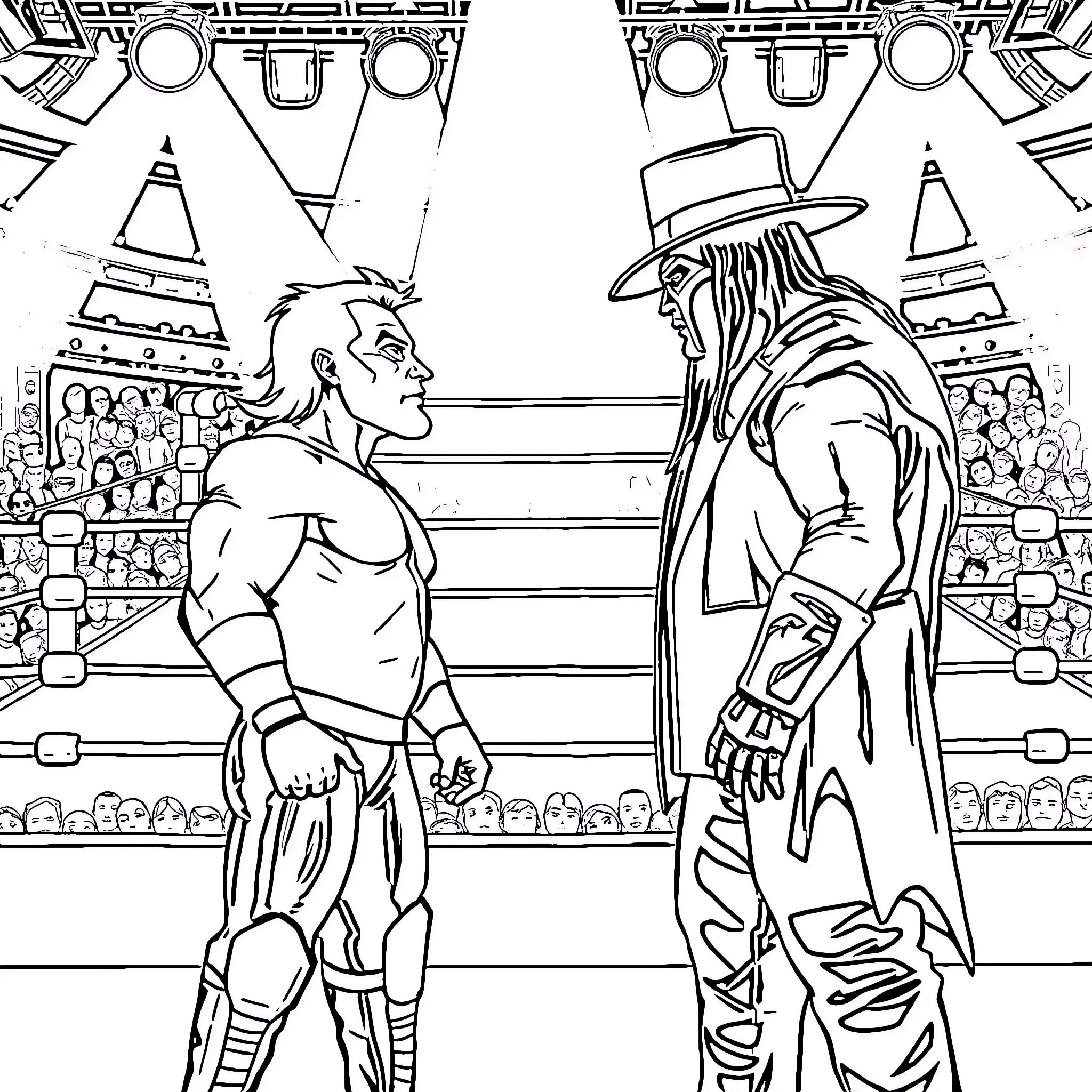 Sting of wrestlers in the ring Coloring Page (free black-and-white line drawing printable PDF for all, from beginners to advanced learners, including children, teens, adults, and seniors)
