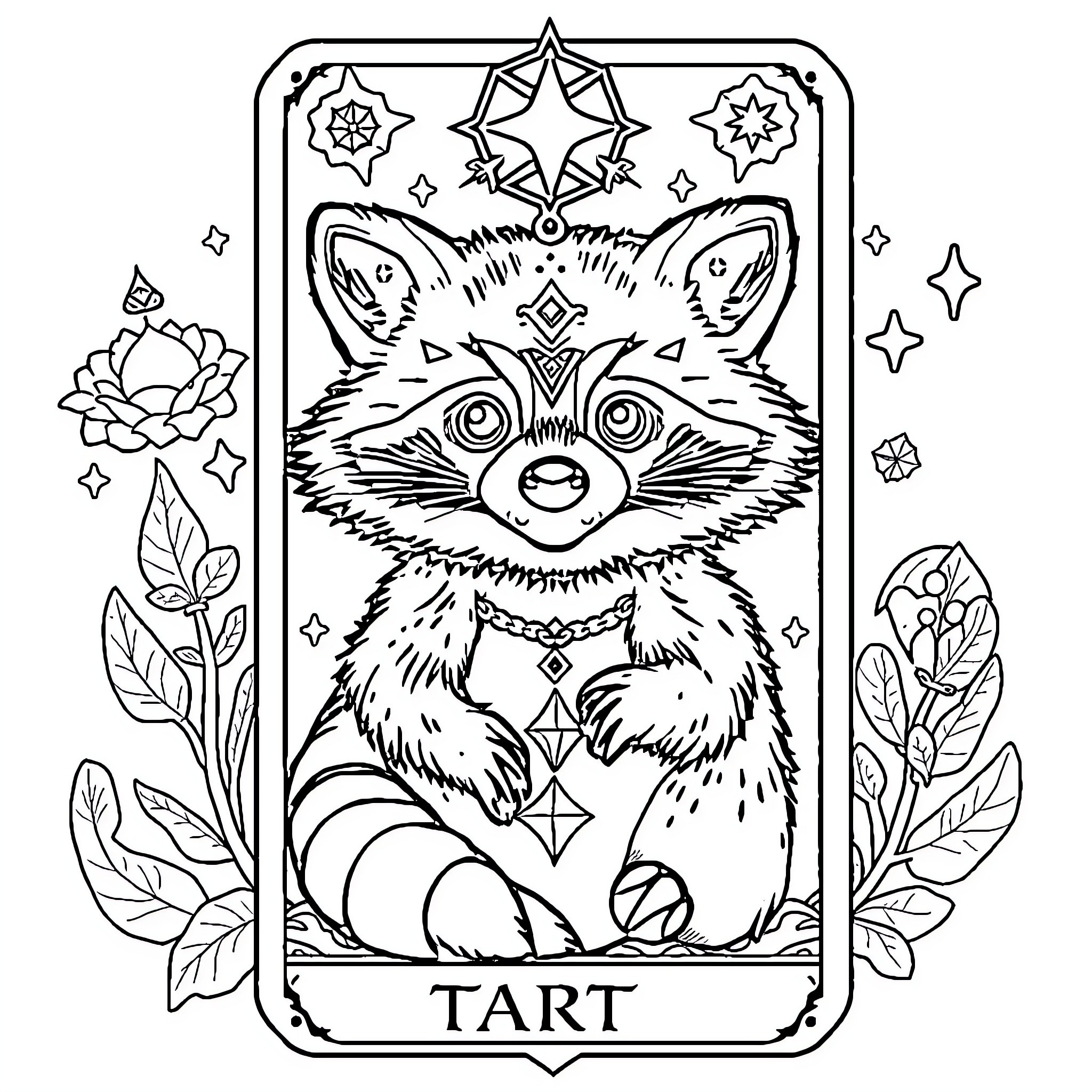 Raccoon tarot card with mystical symbols Coloring Page (free black-and-white line drawing printable PDF for all, from beginners to advanced learners, including children, teens, adults, and seniors)