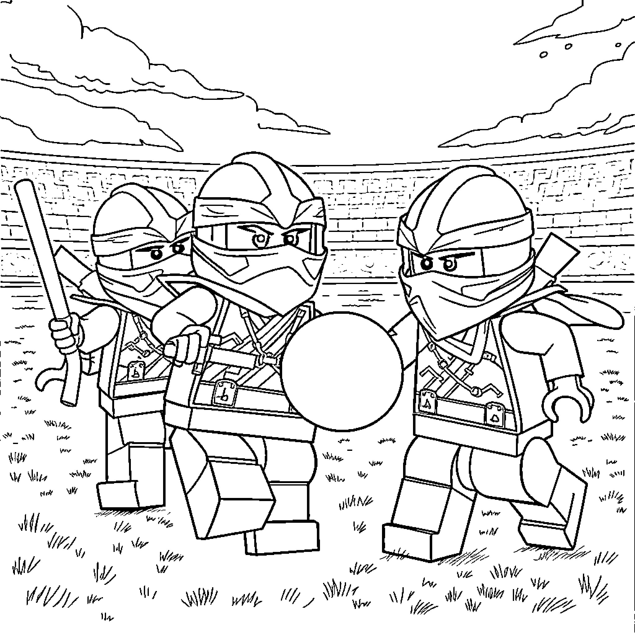 Ninjago warriors in intense battle stance Coloring Page (free black-and-white line drawing printable PDF for all, from beginners to advanced learners, including children, teens, adults, and seniors)