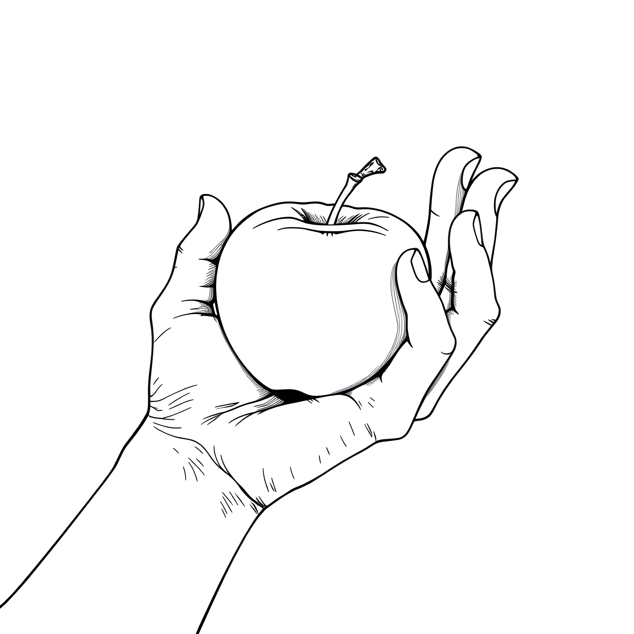 Hand holding a juicy apple Coloring Page (free black-and-white line drawing printable PDF for all, from beginners to advanced learners, including children, teens, adults, and seniors)