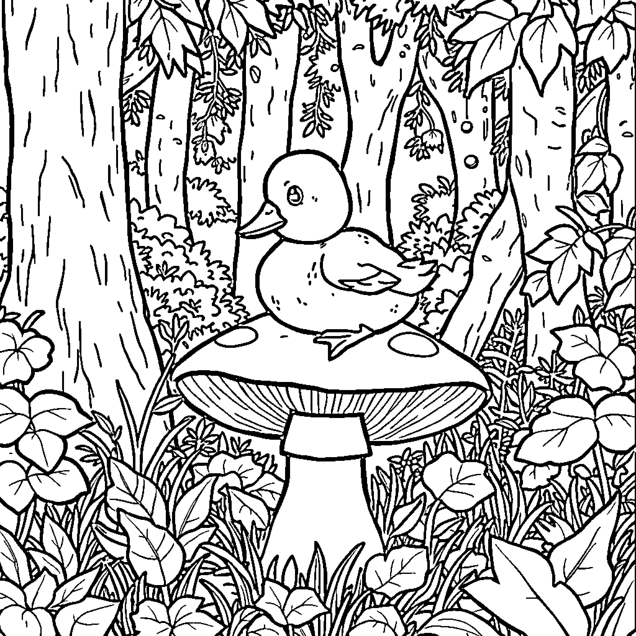 Duck in a Whimsical Forest Coloring Page (free black-and-white line drawing printable PDF for all, from beginners to advanced learners, including children, teens, adults, and seniors)