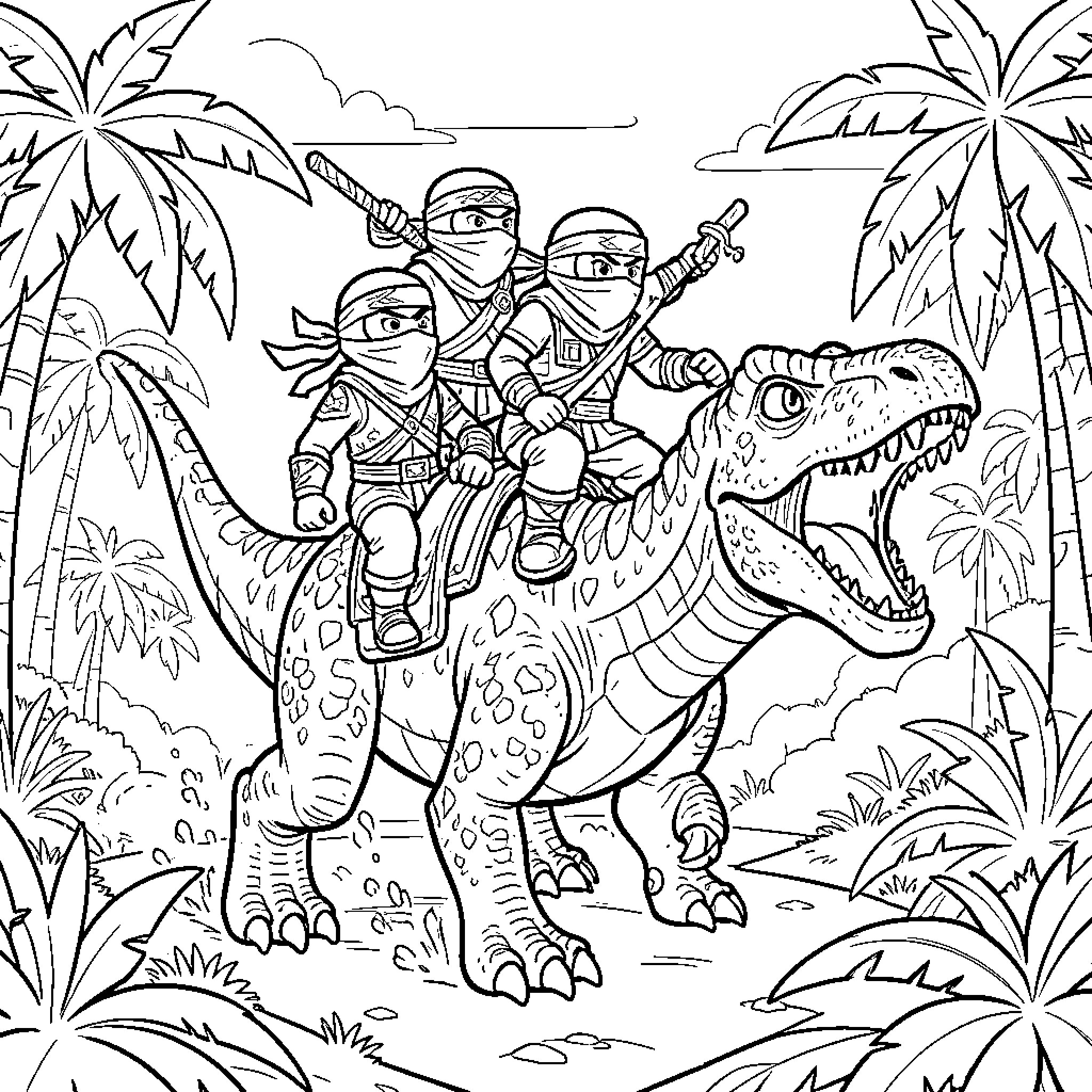 Ninjago warriors riding a large dinosaur through the jungle Coloring Page (free black-and-white line drawing printable PDF for all, from beginners to advanced learners, including children, teens, adults, and seniors)