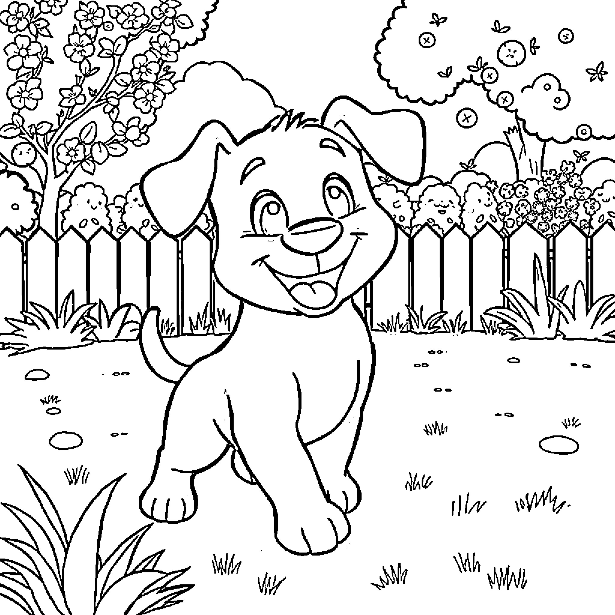 Bluey explores a whimsical garden scene Coloring Page (free black-and-white line drawing printable PDF for all, from beginners to advanced learners, including children, teens, adults, and seniors)