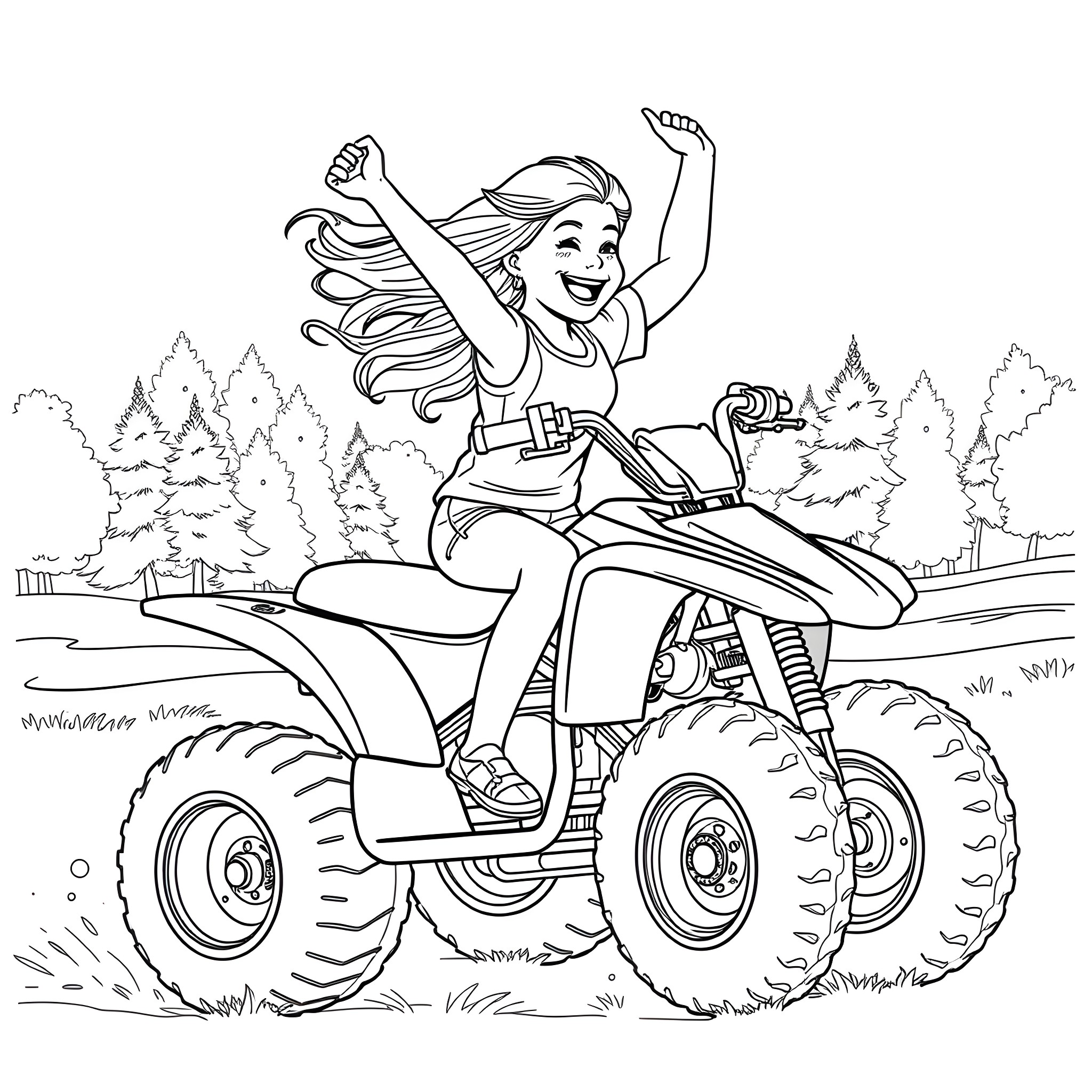 Girl riding ATV through the countryside Coloring Page (free black-and-white line drawing printable PDF for all, from beginners to advanced learners, including children, teens, adults, and seniors)
