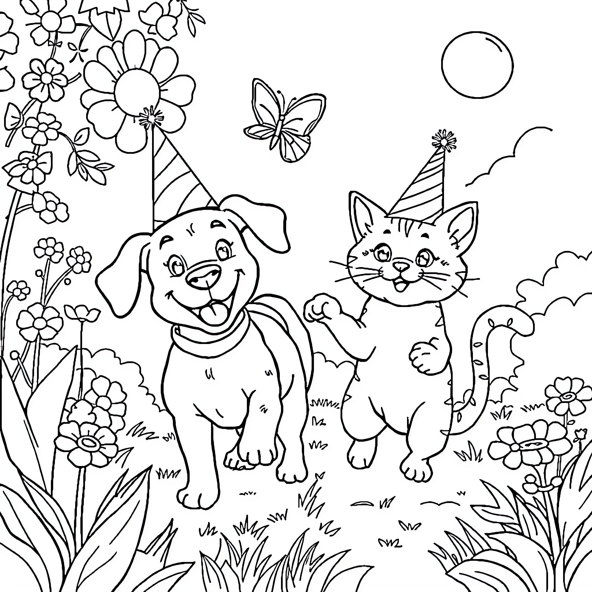 Dog and cat celebrating a party in the garden Coloring Page (free black-and-white line drawing printable PDF for all, from beginners to advanced learners, including children, teens, adults, and seniors)