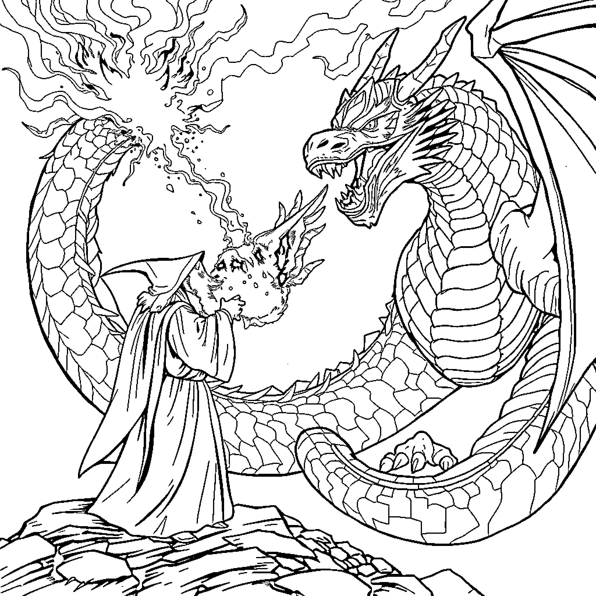 Wizard summoning a mighty dragon Coloring Page (free black-and-white line drawing printable PDF for all, from beginners to advanced learners, including children, teens, adults, and seniors)