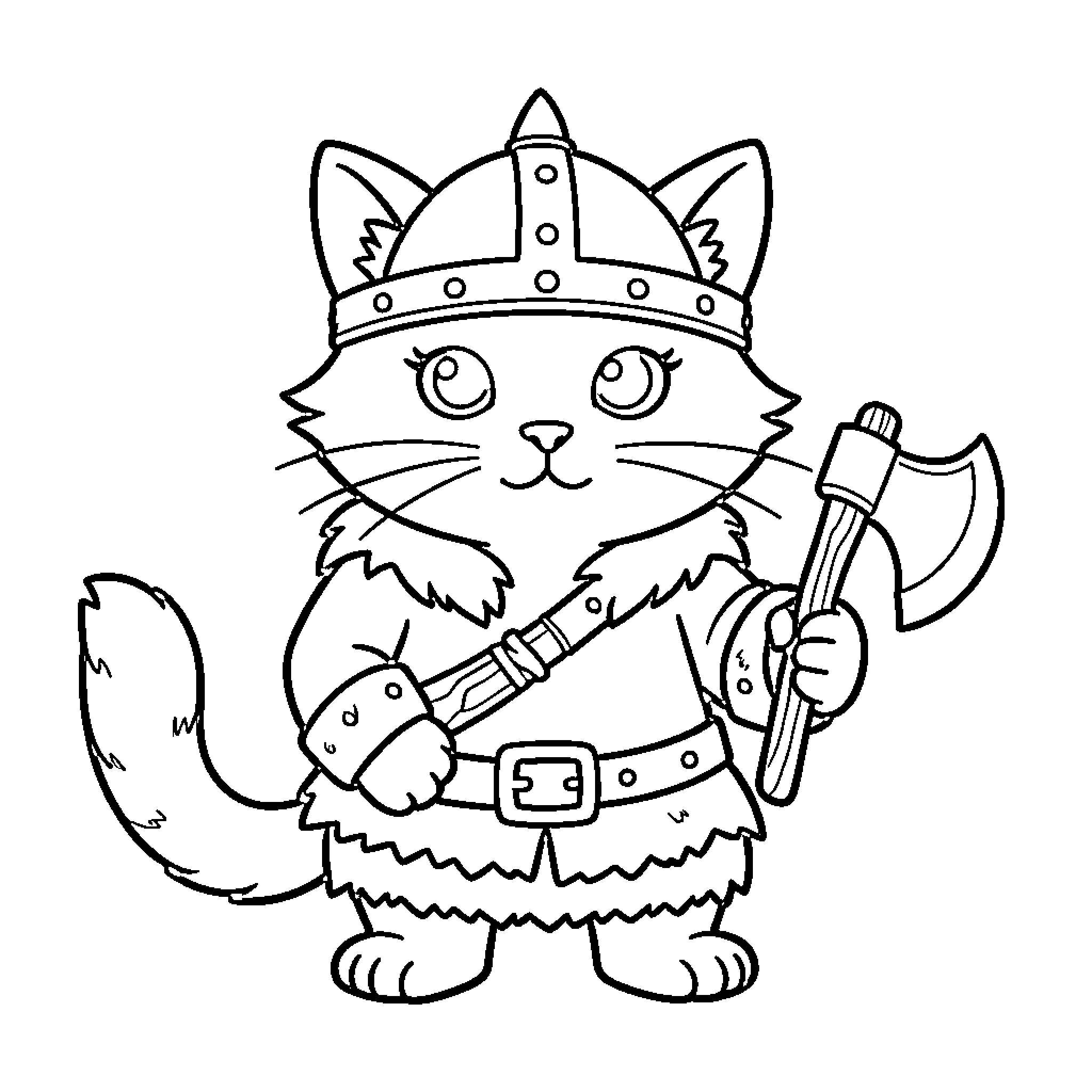 Viking Cat wielding an axe in adventurous attire Coloring Page (free black-and-white line drawing printable PDF for all, from beginners to advanced learners, including children, teens, adults, and seniors)