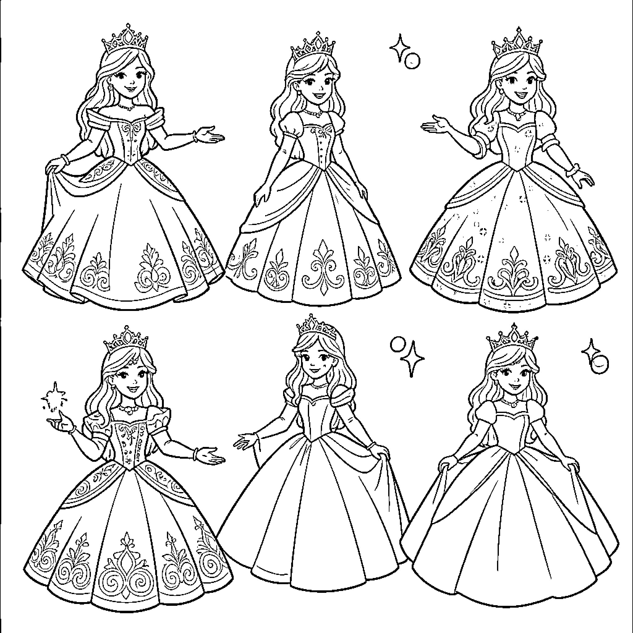 Princesses in Elegant Gowns and Crowns Coloring Page (free black-and-white line drawing printable PDF for all, from beginners to advanced learners, including children, teens, adults, and seniors)
