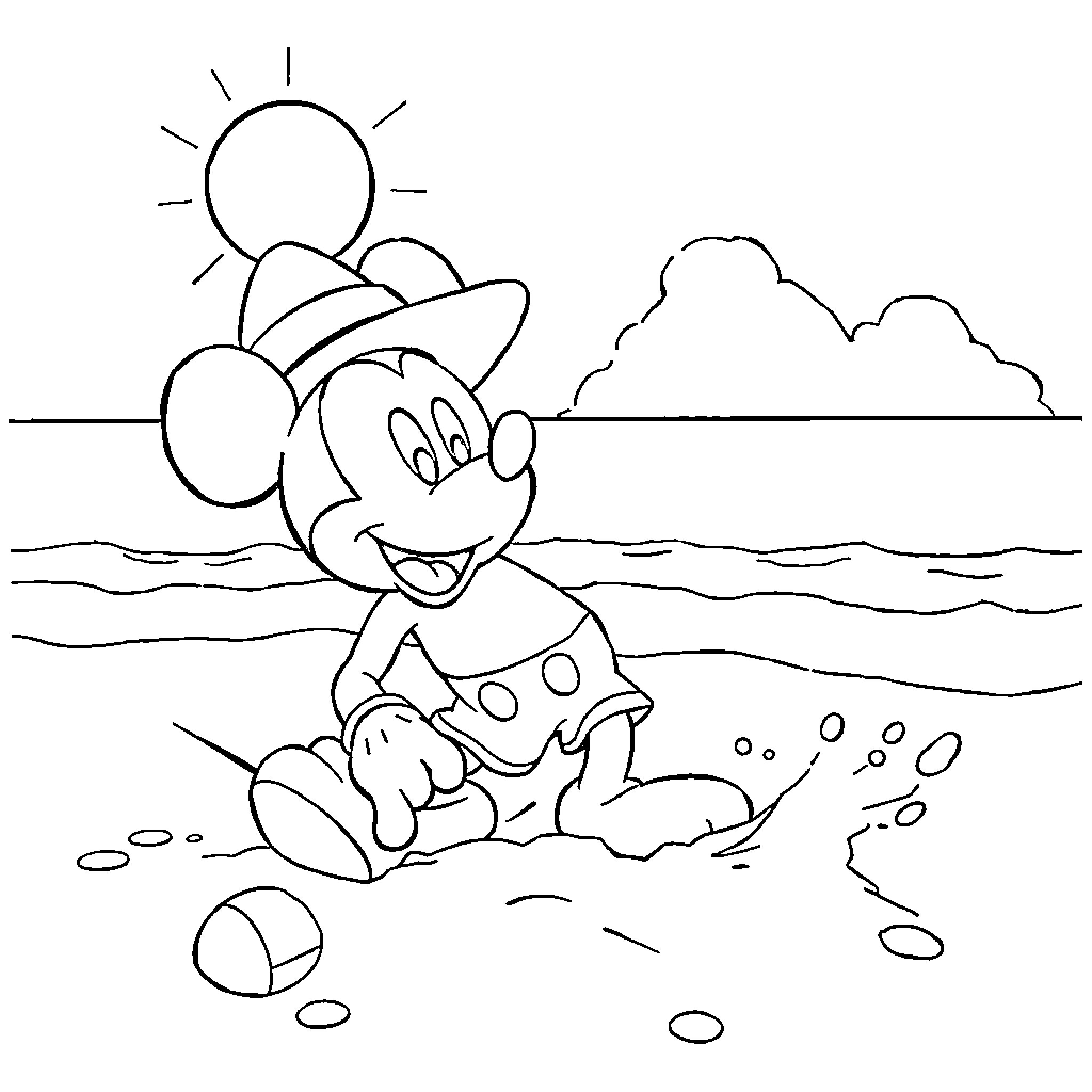 Mickey Mouse playing on the beach Coloring Page (free black-and-white line drawing printable PDF for all, from beginners to advanced learners, including children, teens, adults, and seniors)