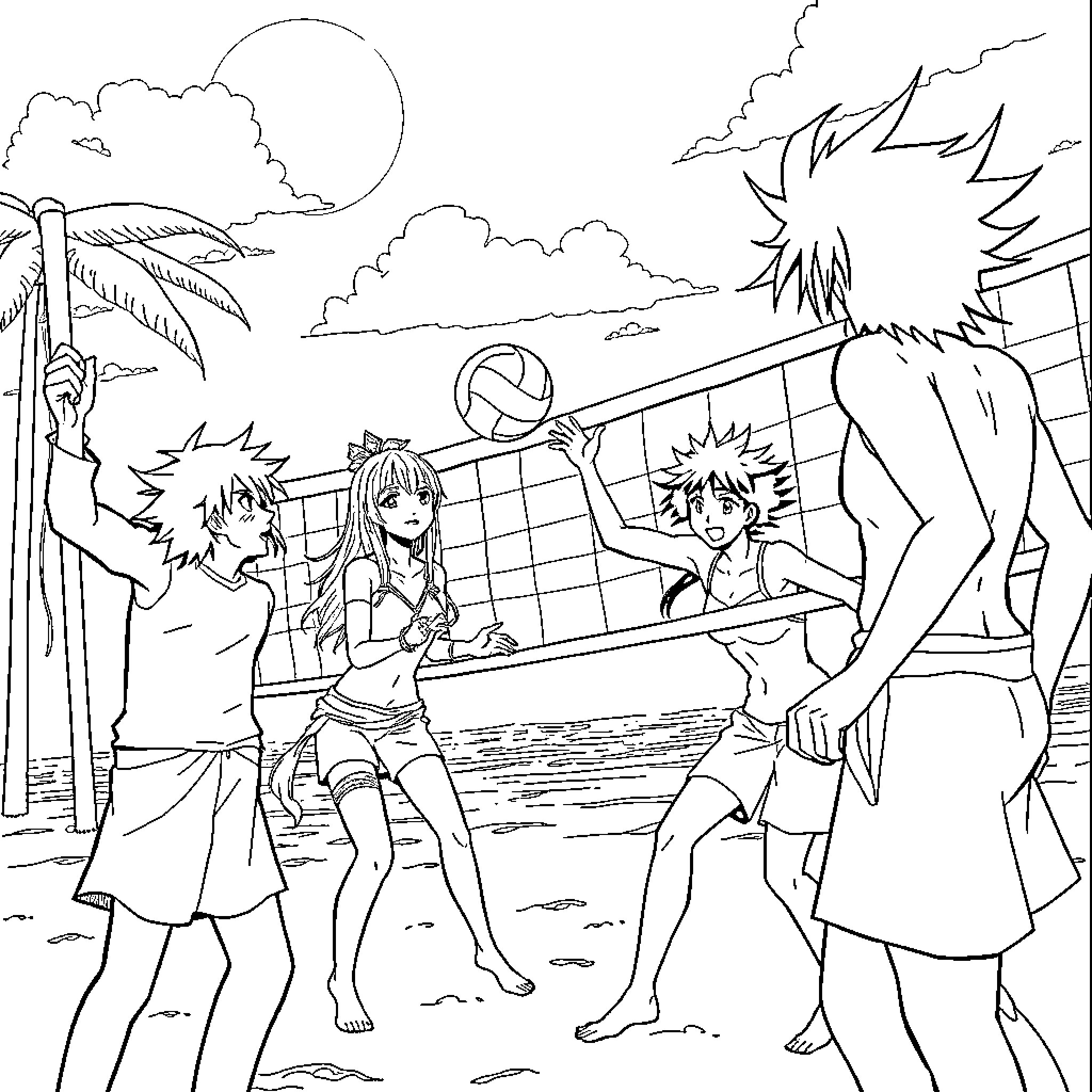 Demon Slayer Volleyball Match by the Beach Coloring Page (free black-and-white line drawing printable PDF for all, from beginners to advanced learners, including children, teens, adults, and seniors)