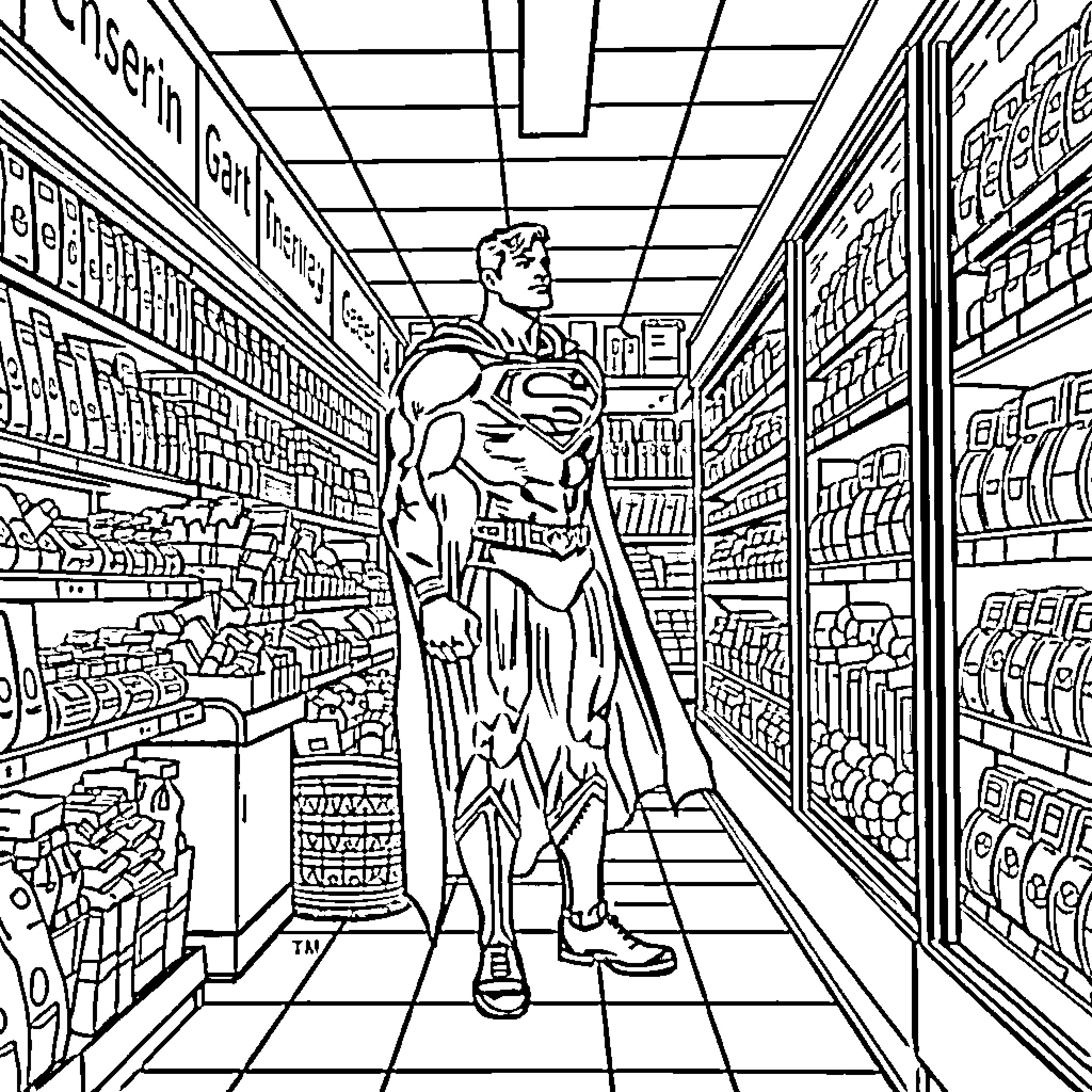 Superman in a bustling grocery store Coloring Page (free black-and-white line drawing printable PDF for all, from beginners to advanced learners, including children, teens, adults, and seniors)