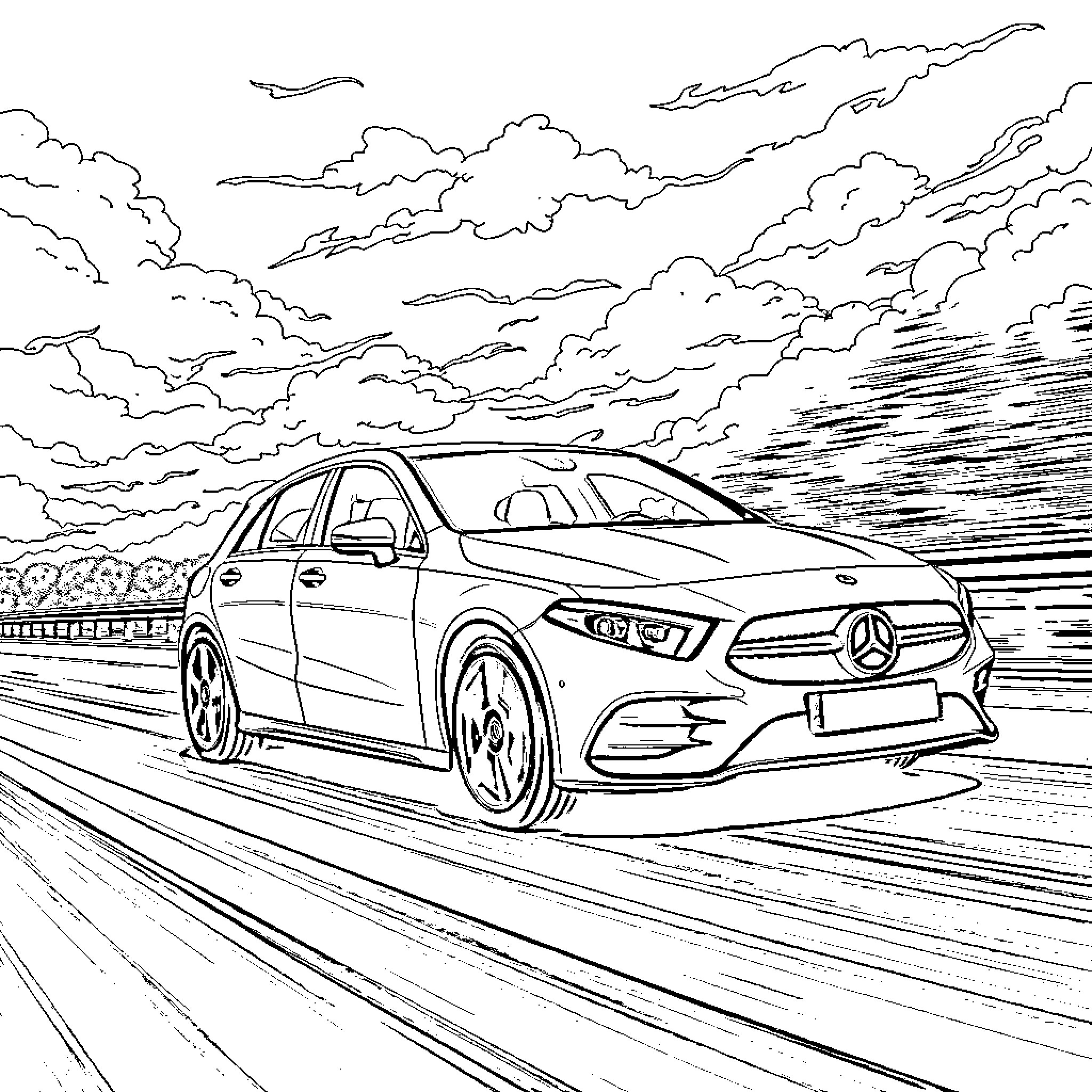 Mercedes speeding through dramatic skyscape Coloring Page (free black-and-white line drawing printable PDF for all, from beginners to advanced learners, including children, teens, adults, and seniors)