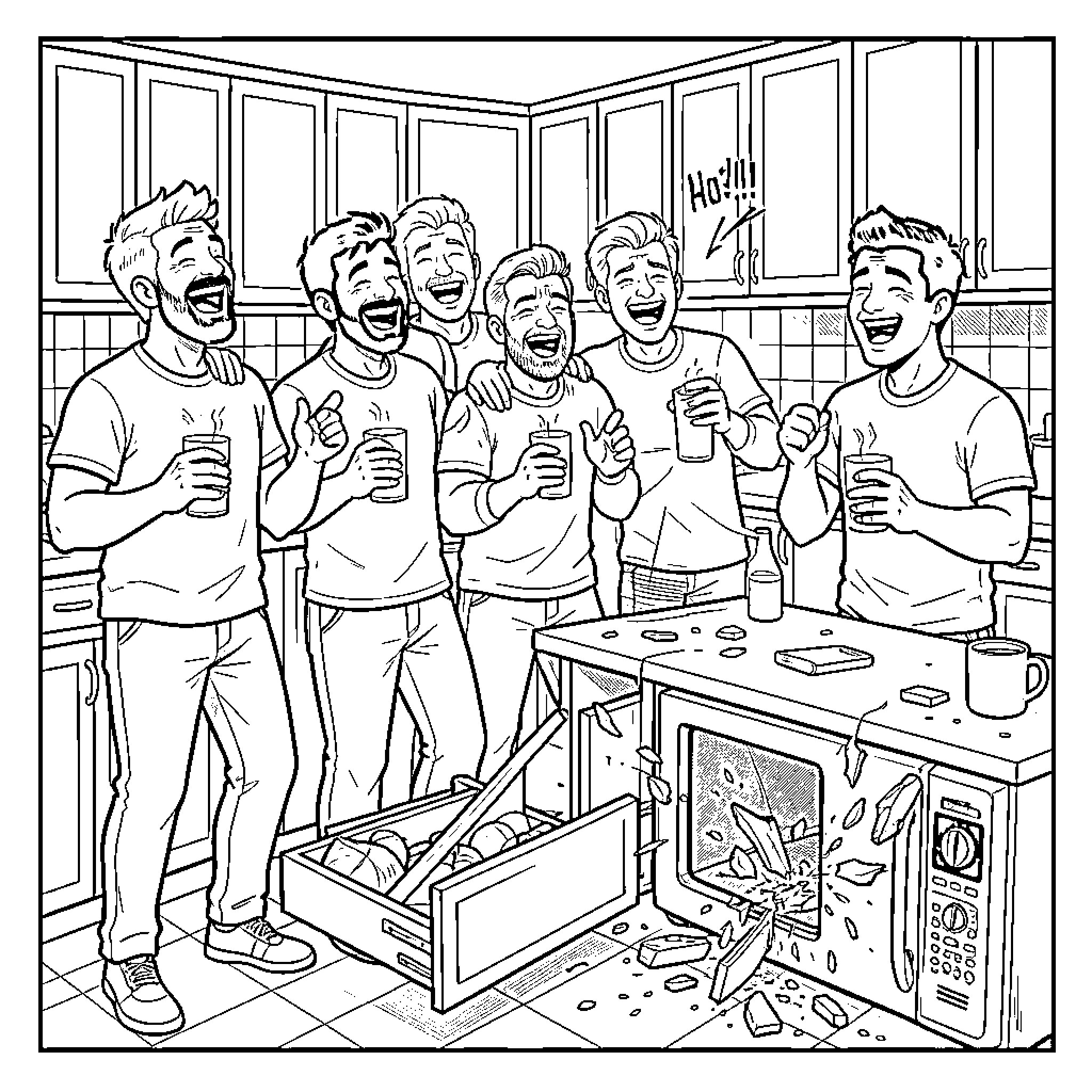 Guy friends laughing and enjoying themselves in the kitchen Coloring Page (free black-and-white line drawing printable PDF for all, from beginners to advanced learners, including children, teens, adults, and seniors)