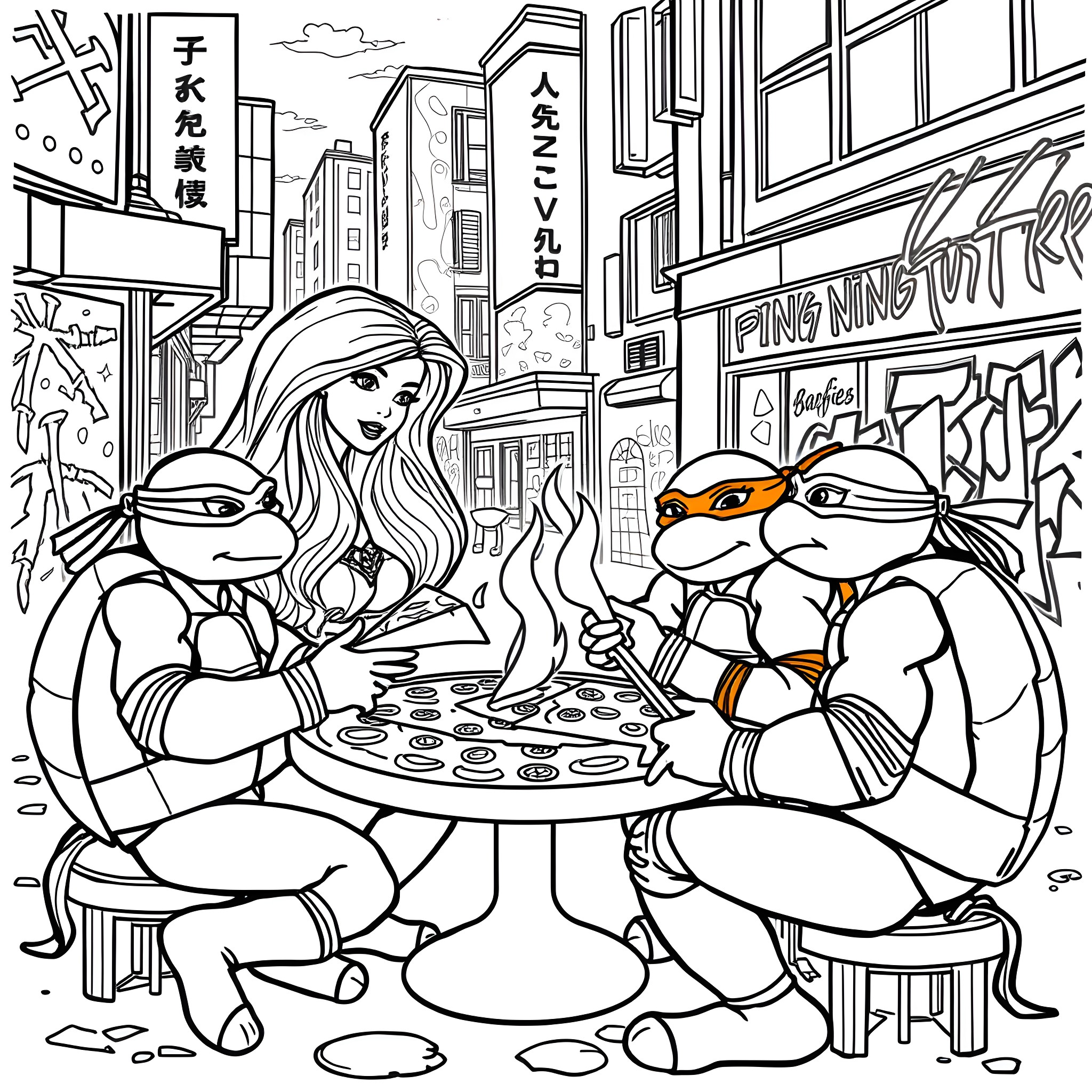 Barbie enjoying pizza with Teenage Mutant Ninja Turtles in a city Coloring Page (free black-and-white line drawing printable PDF for all, from beginners to advanced learners, including children, teens, adults, and seniors)