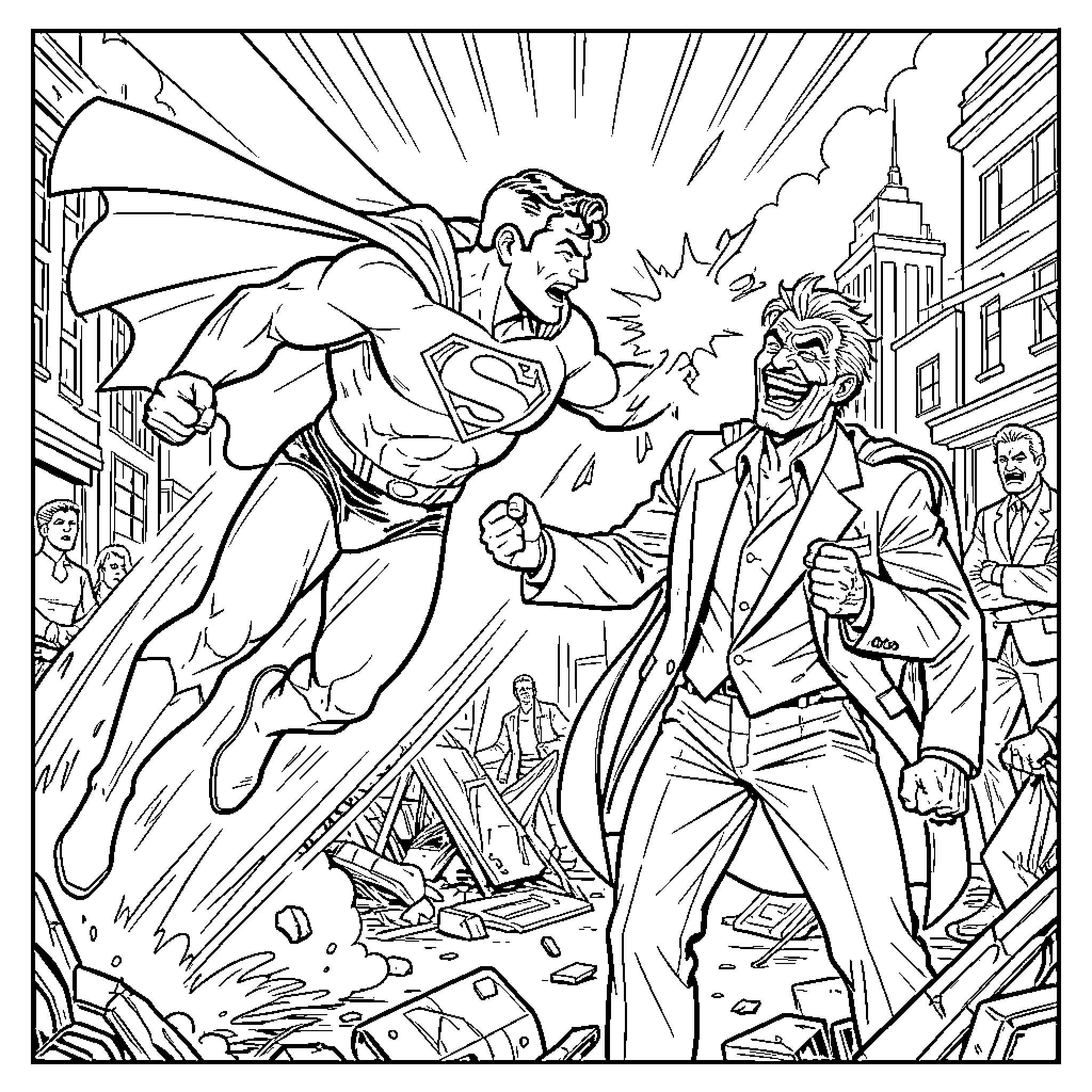 Superman punching a laughing villain in a city Coloring Page (free black-and-white line drawing printable PDF for all, from beginners to advanced learners, including children, teens, adults, and seniors)