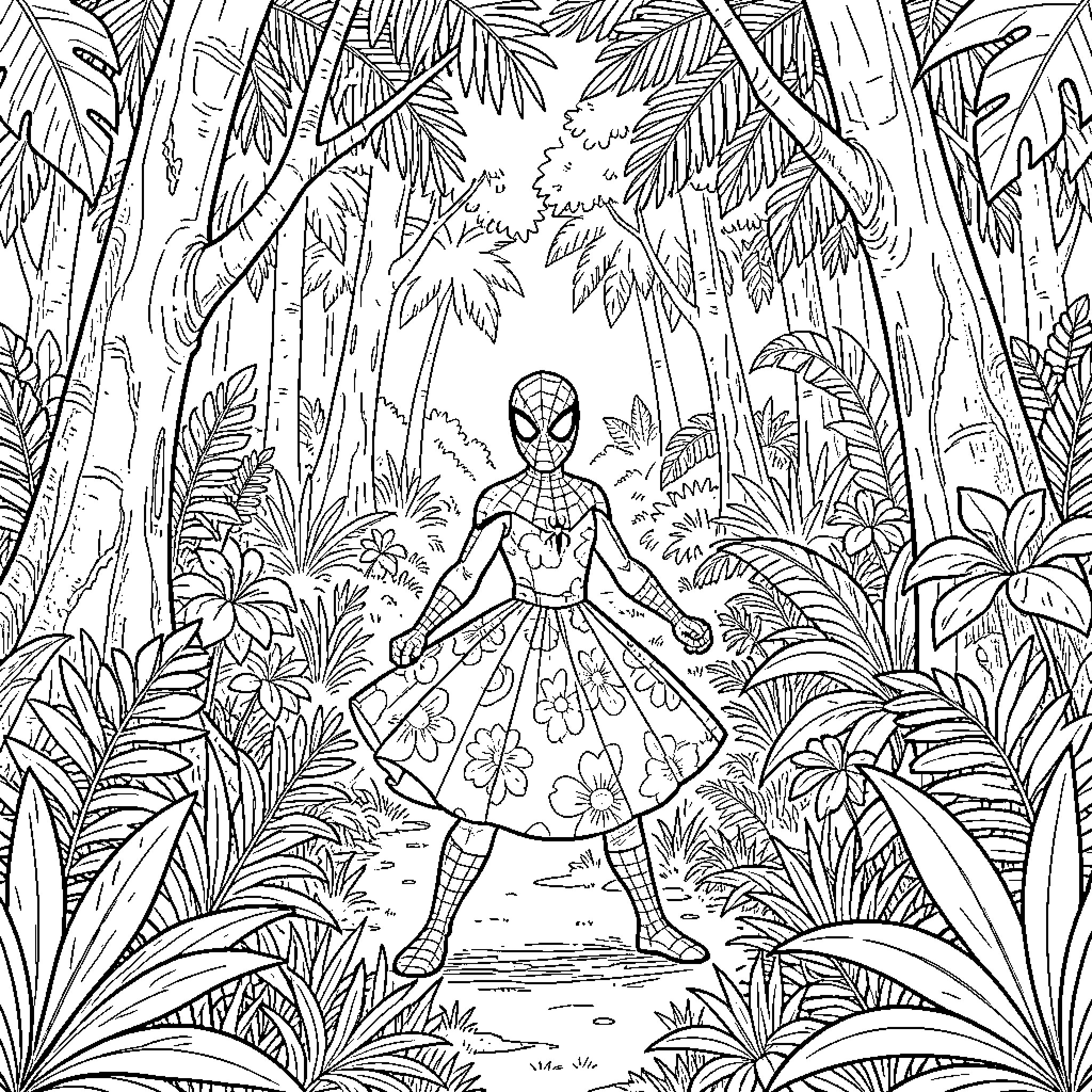 Spider-Heroine in Floral Jungle Landscape Coloring Page (free black-and-white line drawing printable PDF for all, from beginners to advanced learners, including children, teens, adults, and seniors)