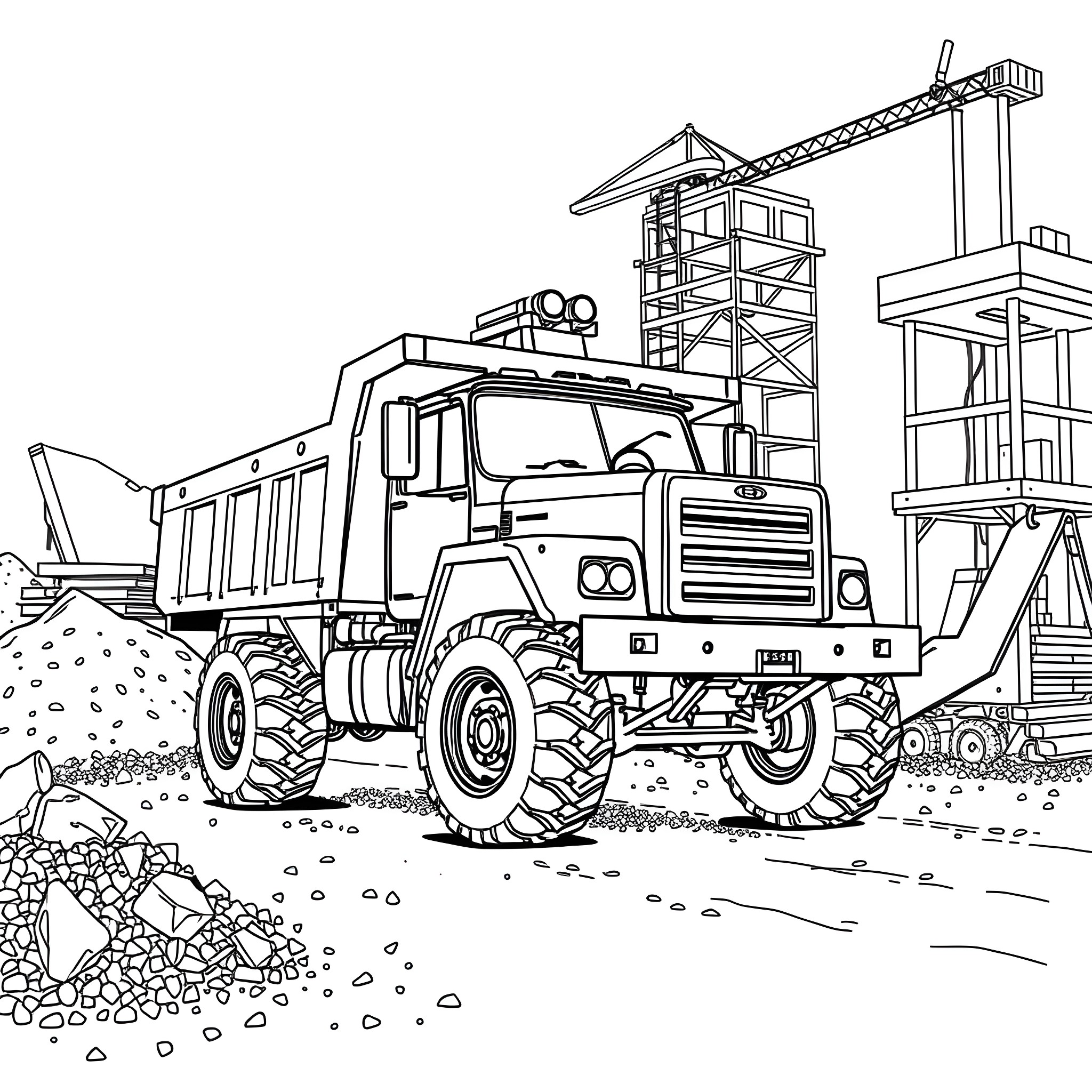 Dump Truck Hauling Construction Materials on Site Coloring Page (free black-and-white line drawing printable PDF for all, from beginners to advanced learners, including children, teens, adults, and seniors)