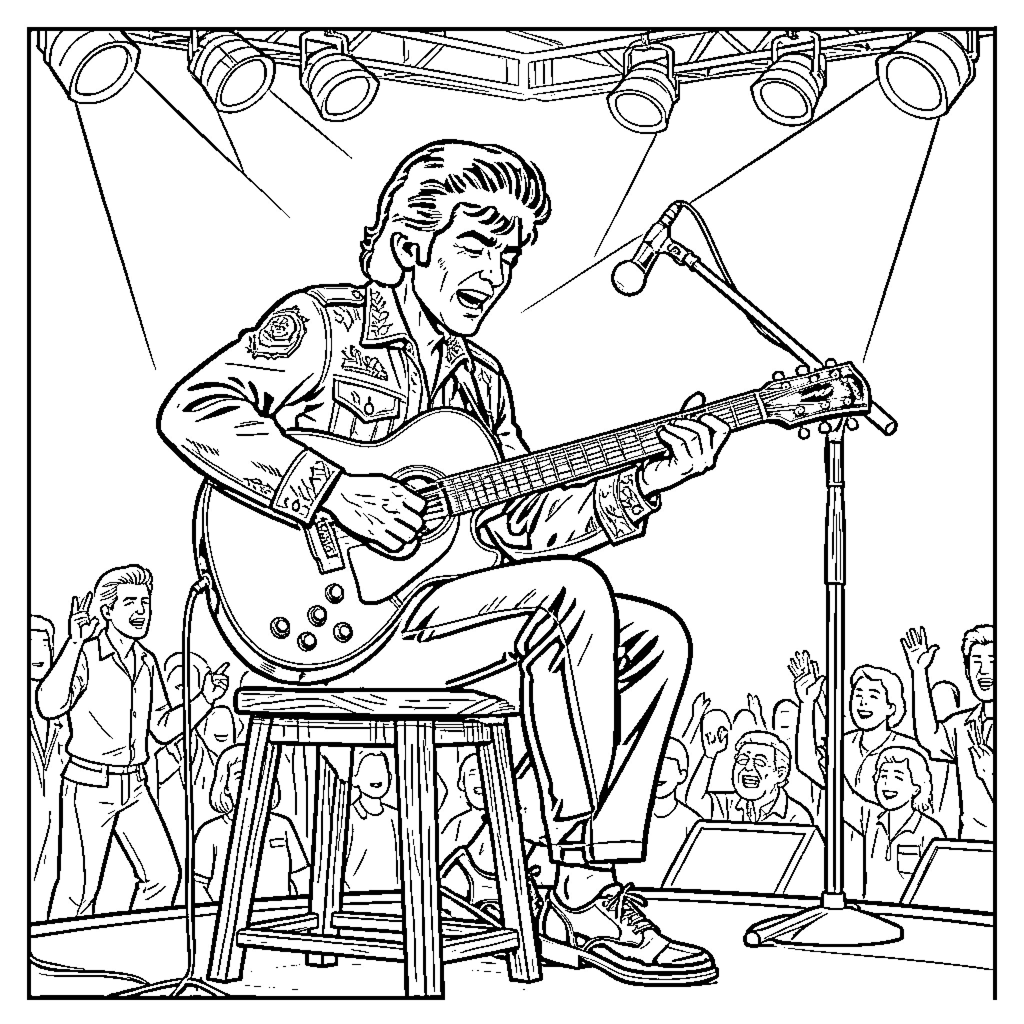 Ritchie Valens performing on stage with guitar Coloring Page (free black-and-white line drawing printable PDF for all, from beginners to advanced learners, including children, teens, adults, and seniors)