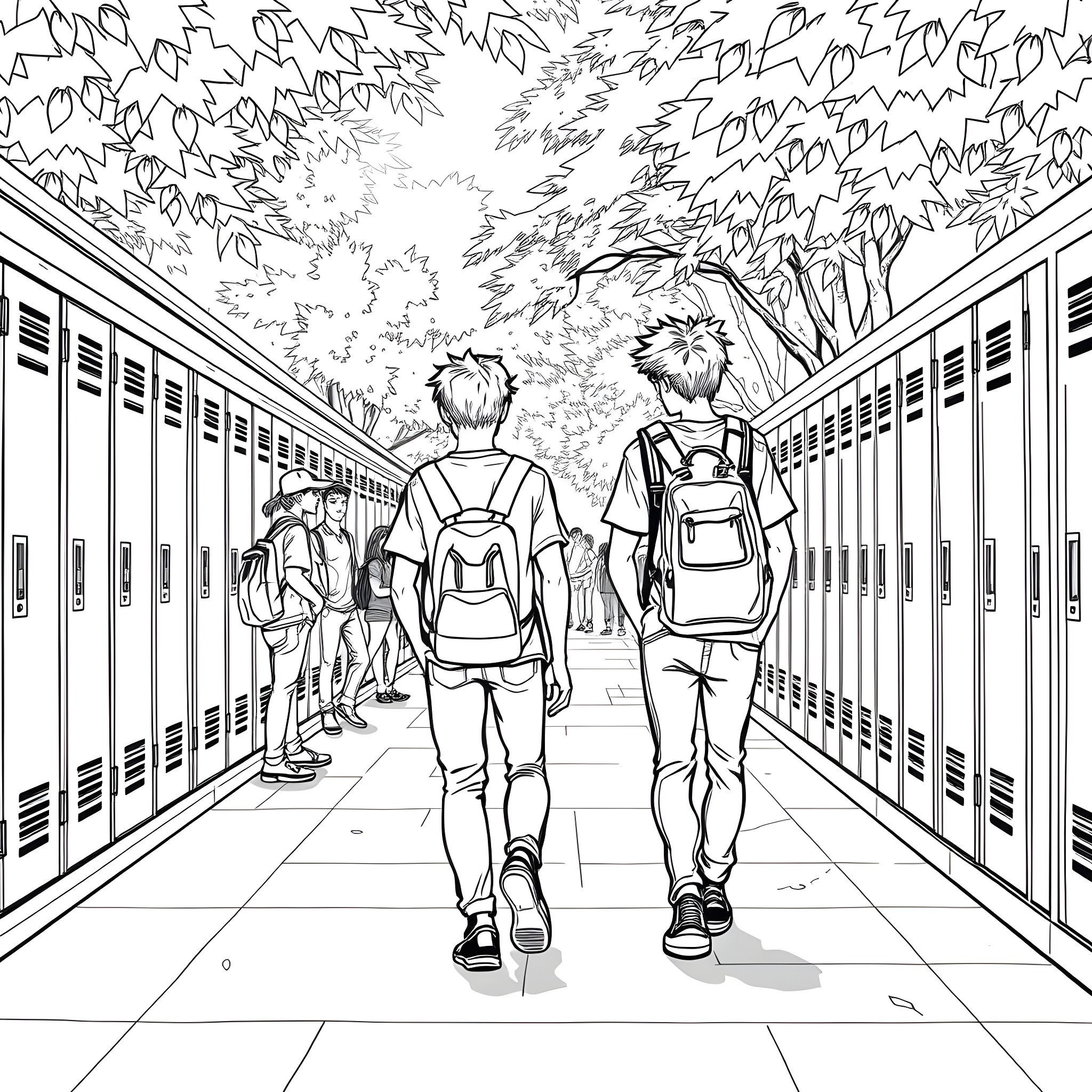 Teen Guys Walking Down School Hallway Coloring Page (free black-and-white line drawing printable PDF for all, from beginners to advanced learners, including children, teens, adults, and seniors)