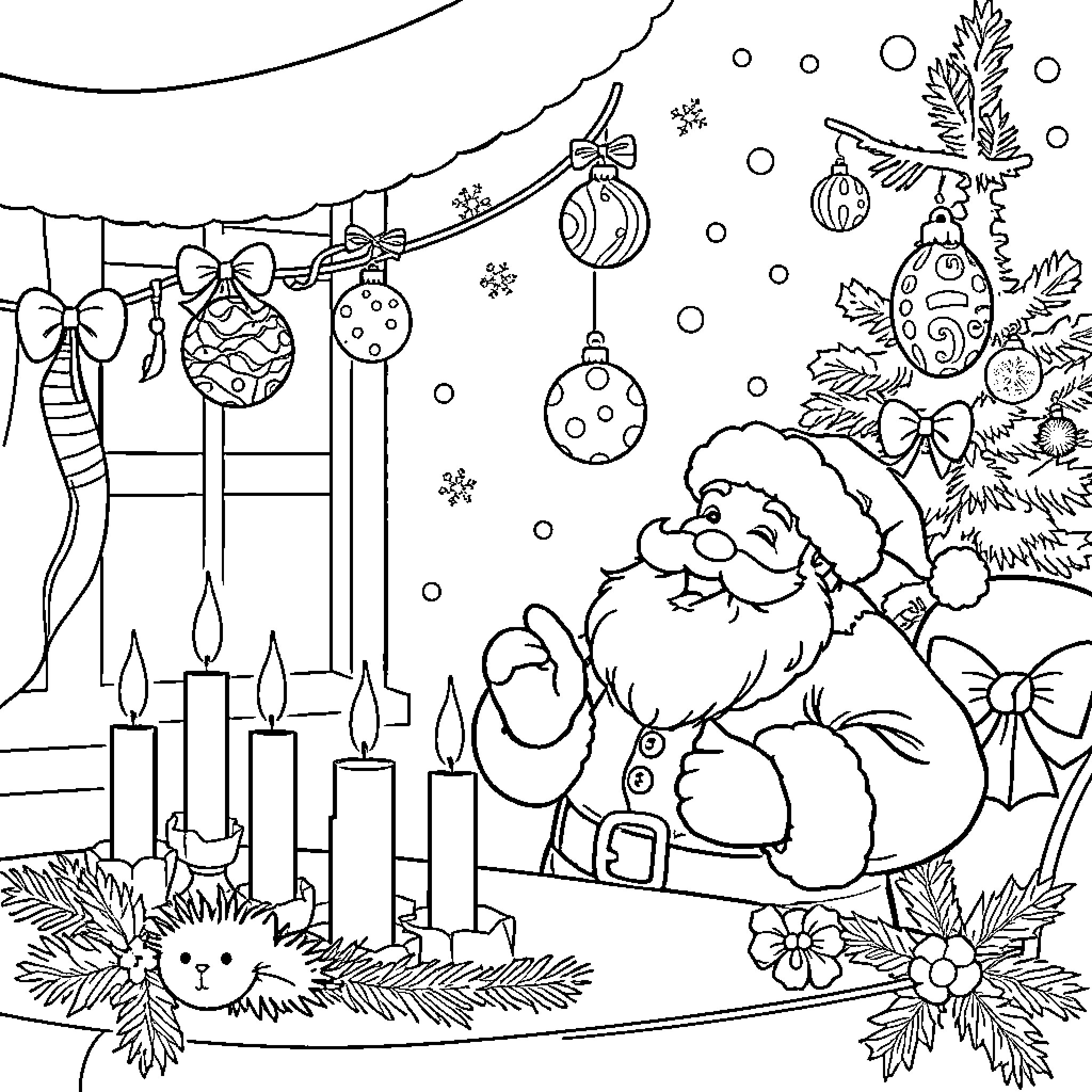 Christmas scene with Santa, candles, and ornaments Coloring Page (free black-and-white line drawing printable PDF for all, from beginners to advanced learners, including children, teens, adults, and seniors)