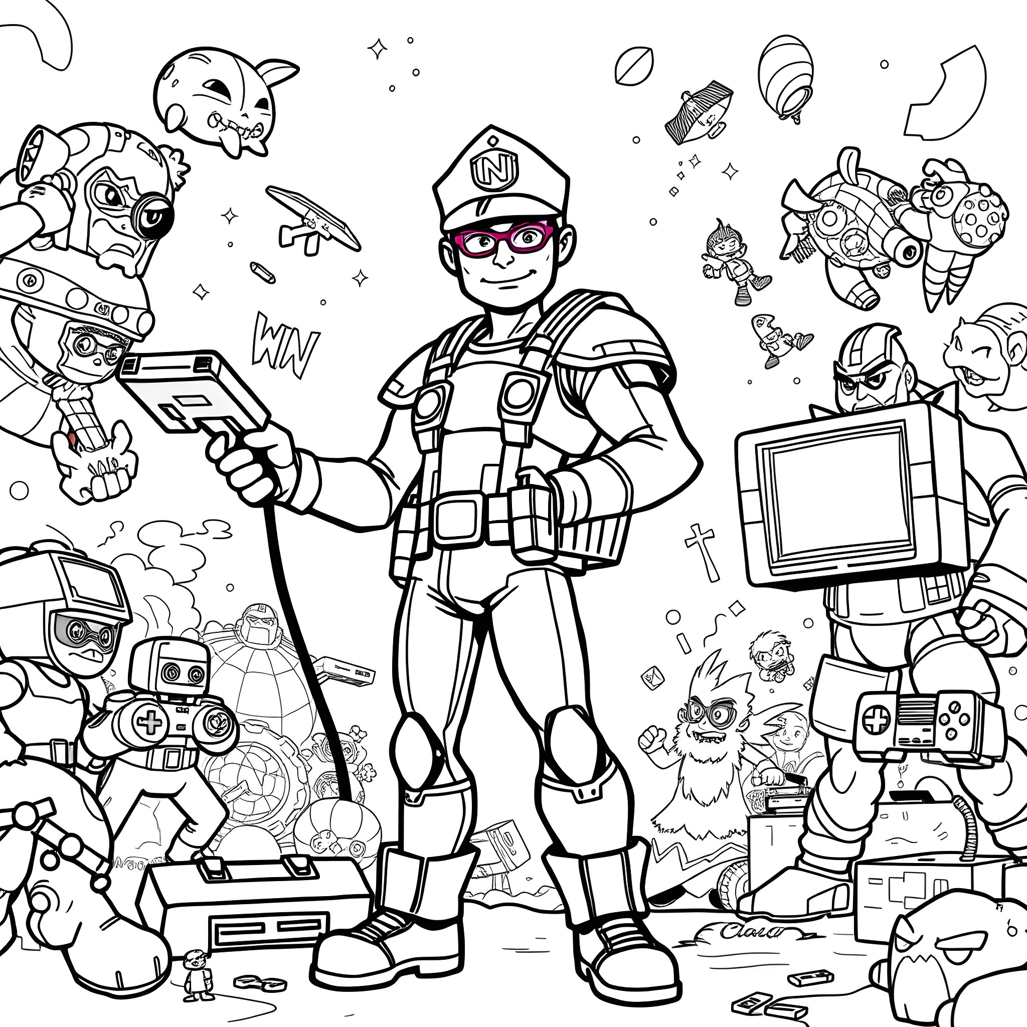 Captain N and the Retro Gaming Adventure Coloring Page (free black-and-white line drawing printable PDF for all, from beginners to advanced learners, including children, teens, adults, and seniors)