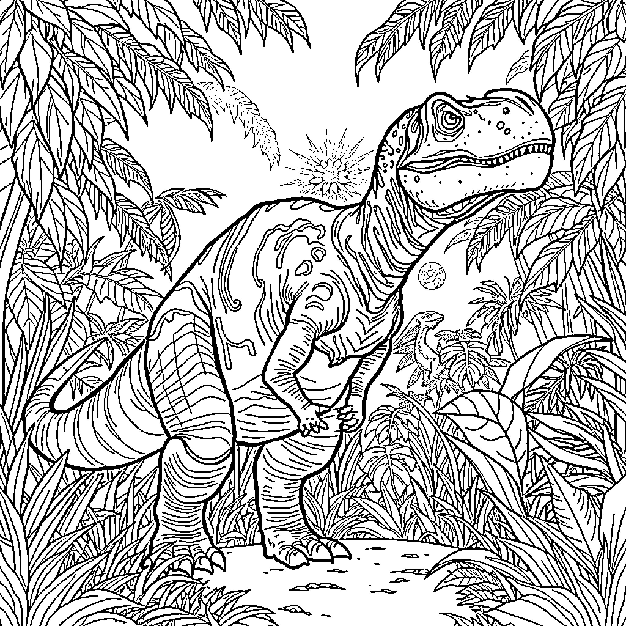 Dinosaur roaming through lush jungle foliage Coloring Page (free black-and-white line drawing printable PDF for all, from beginners to advanced learners, including children, teens, adults, and seniors)