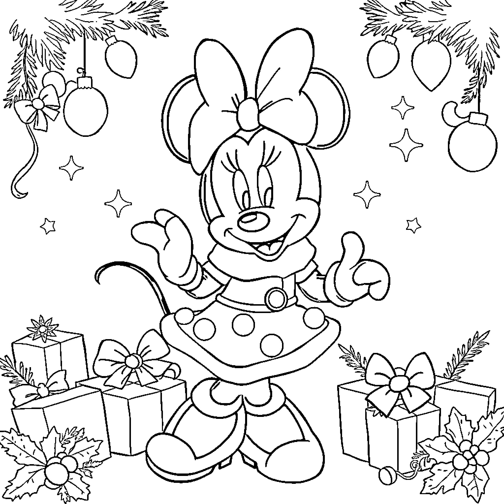 Minnie Mouse surrounded by holiday decorations Coloring Page (free black-and-white line drawing printable PDF for all, from beginners to advanced learners, including children, teens, adults, and seniors)
