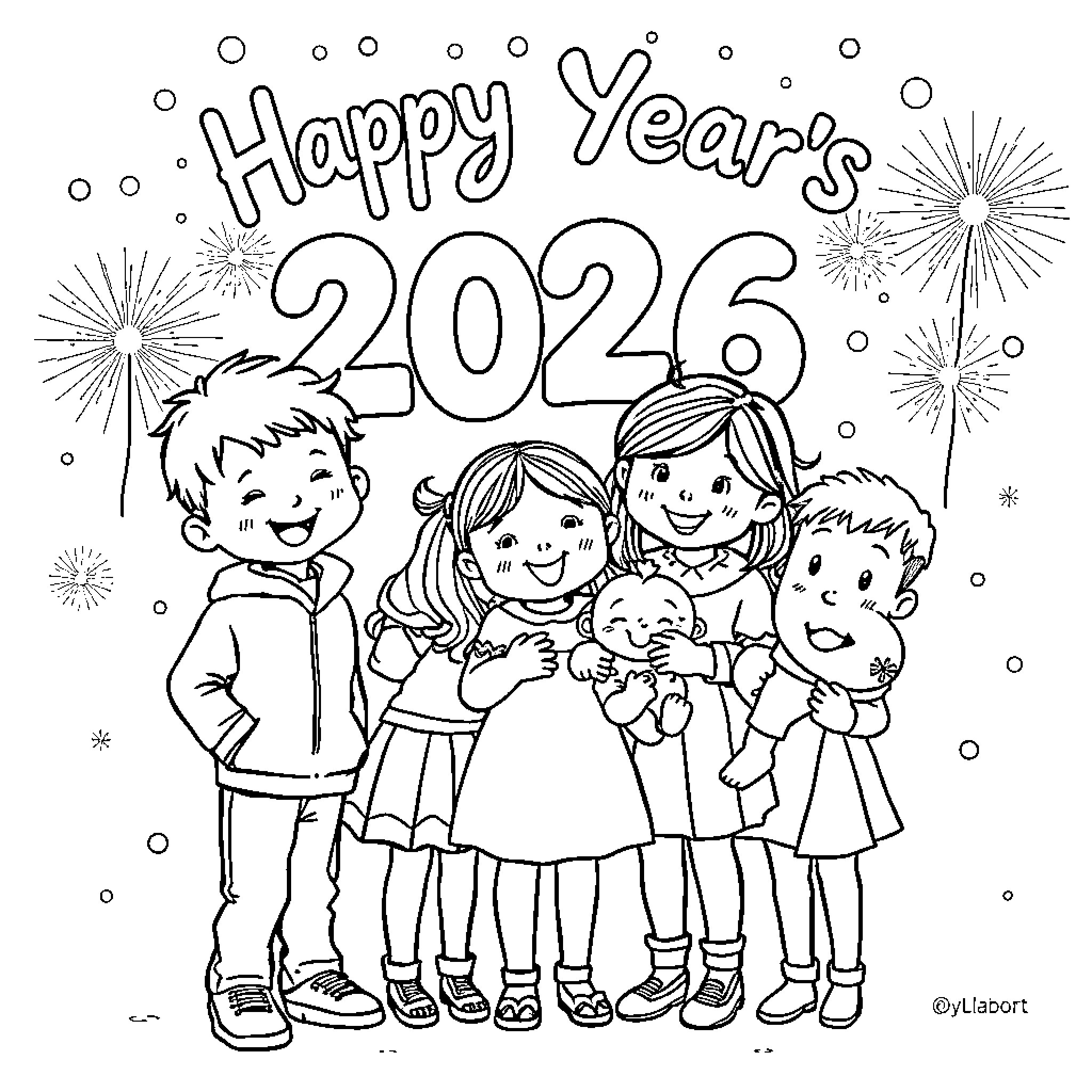 Children Celebrating Happy New Year 2026 Coloring Page (free black-and-white line drawing printable PDF for all, from beginners to advanced learners, including children, teens, adults, and seniors)