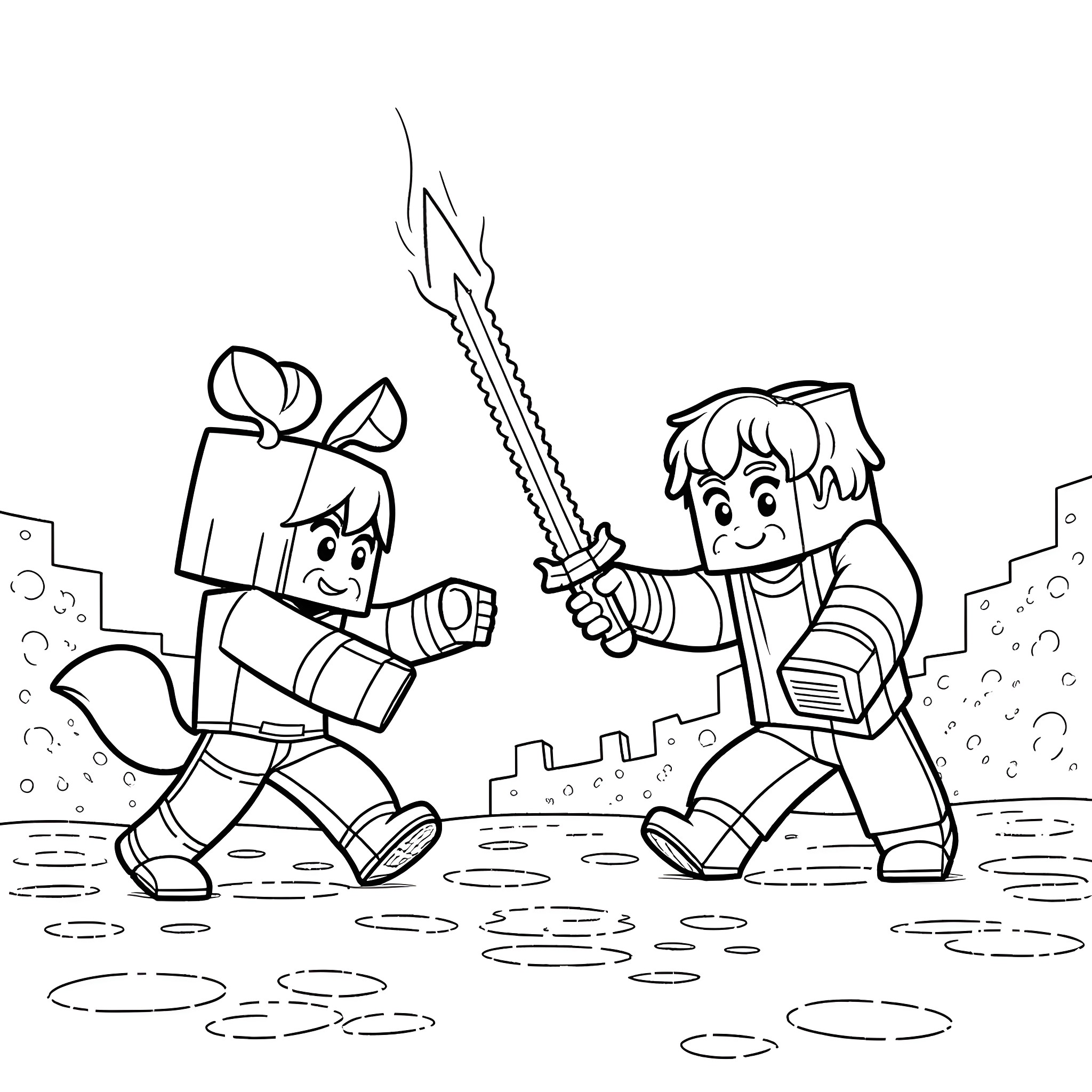 Character Duo in Sword Battle Coloring Page (free black-and-white line drawing printable PDF for all, from beginners to advanced learners, including children, teens, adults, and seniors)