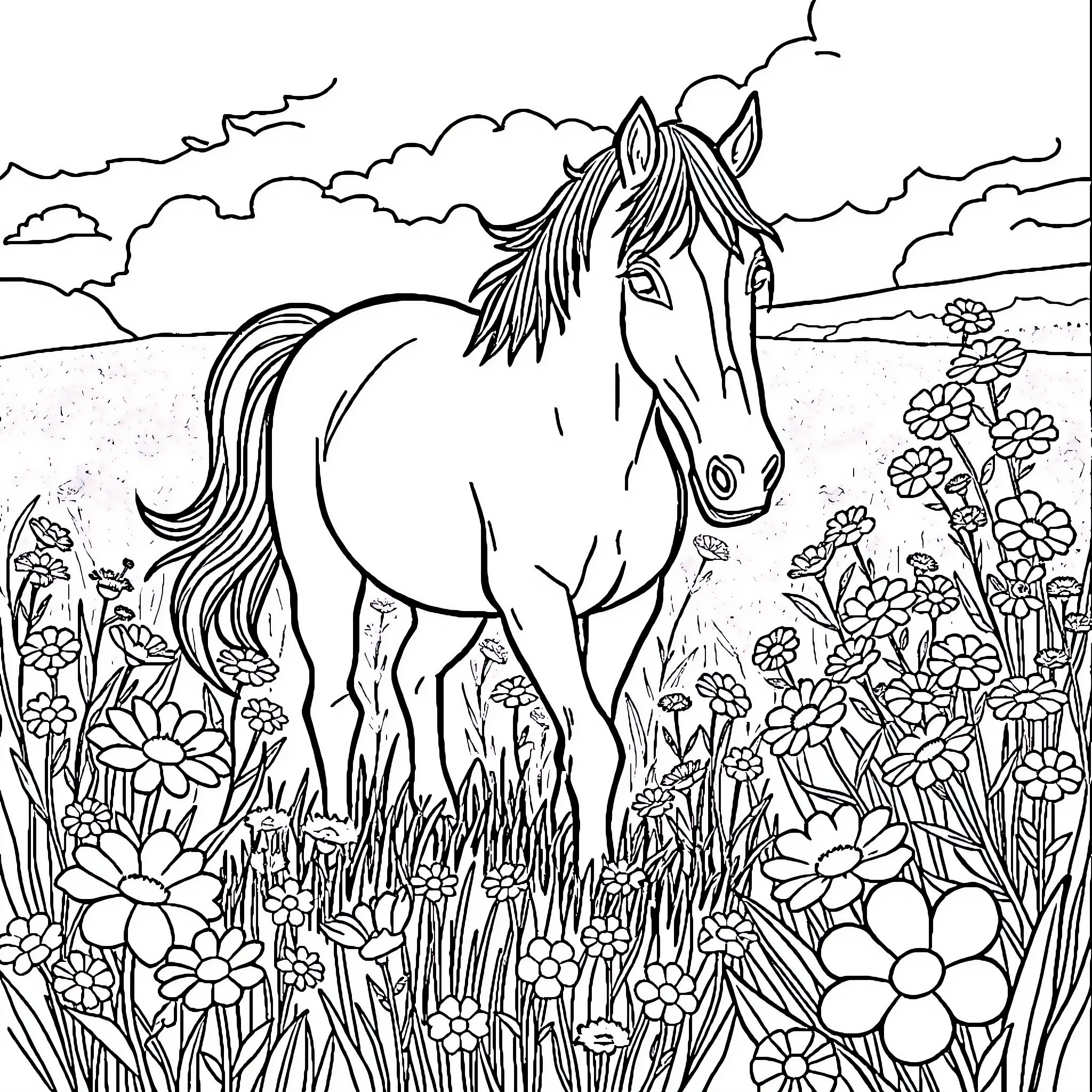 Horse standing in a field of colorful flowers Coloring Page (free black-and-white line drawing printable PDF for all, from beginners to advanced learners, including children, teens, adults, and seniors)