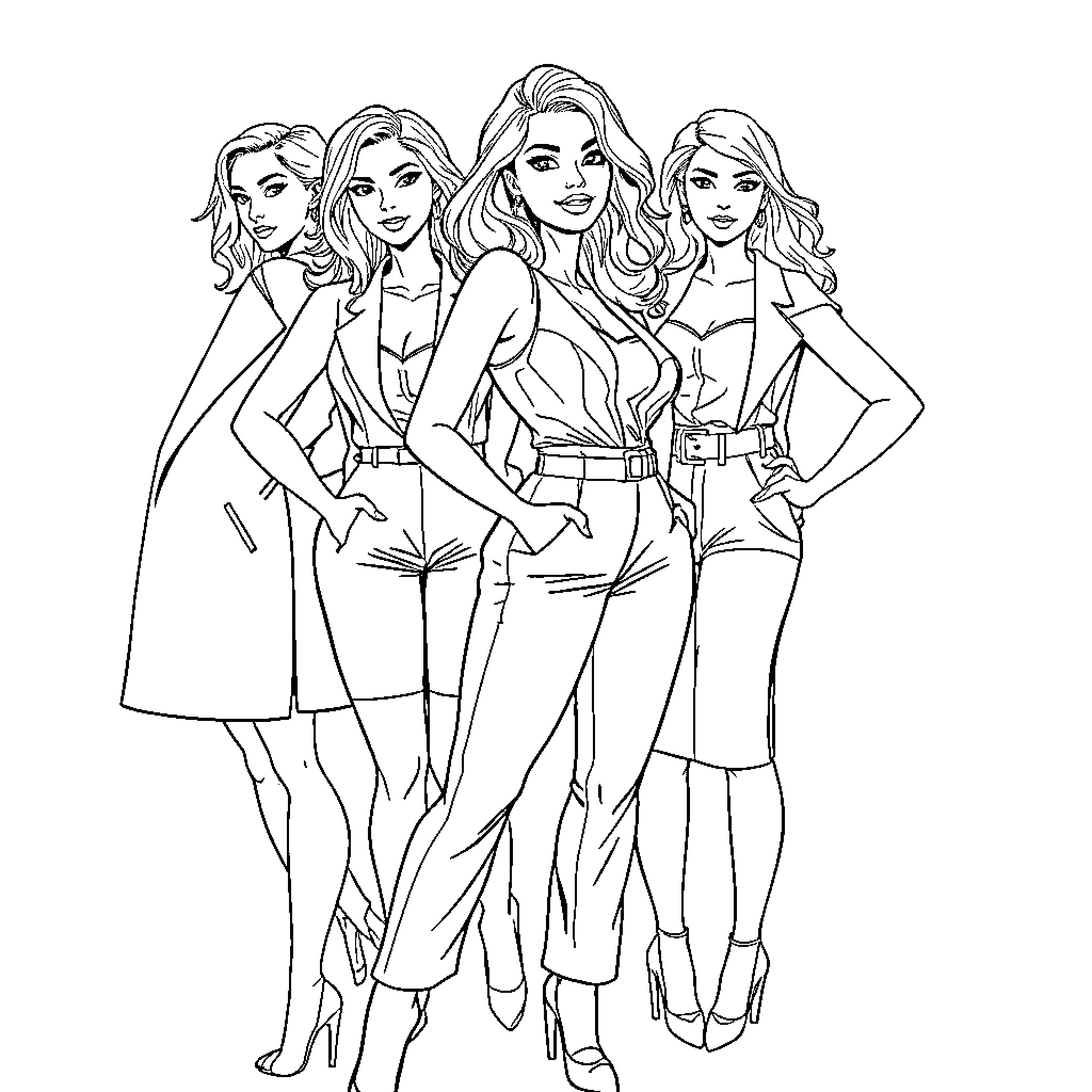 Woman group posing in stylish outfits Coloring Page (free black-and-white line drawing printable PDF for all, from beginners to advanced learners, including children, teens, adults, and seniors)