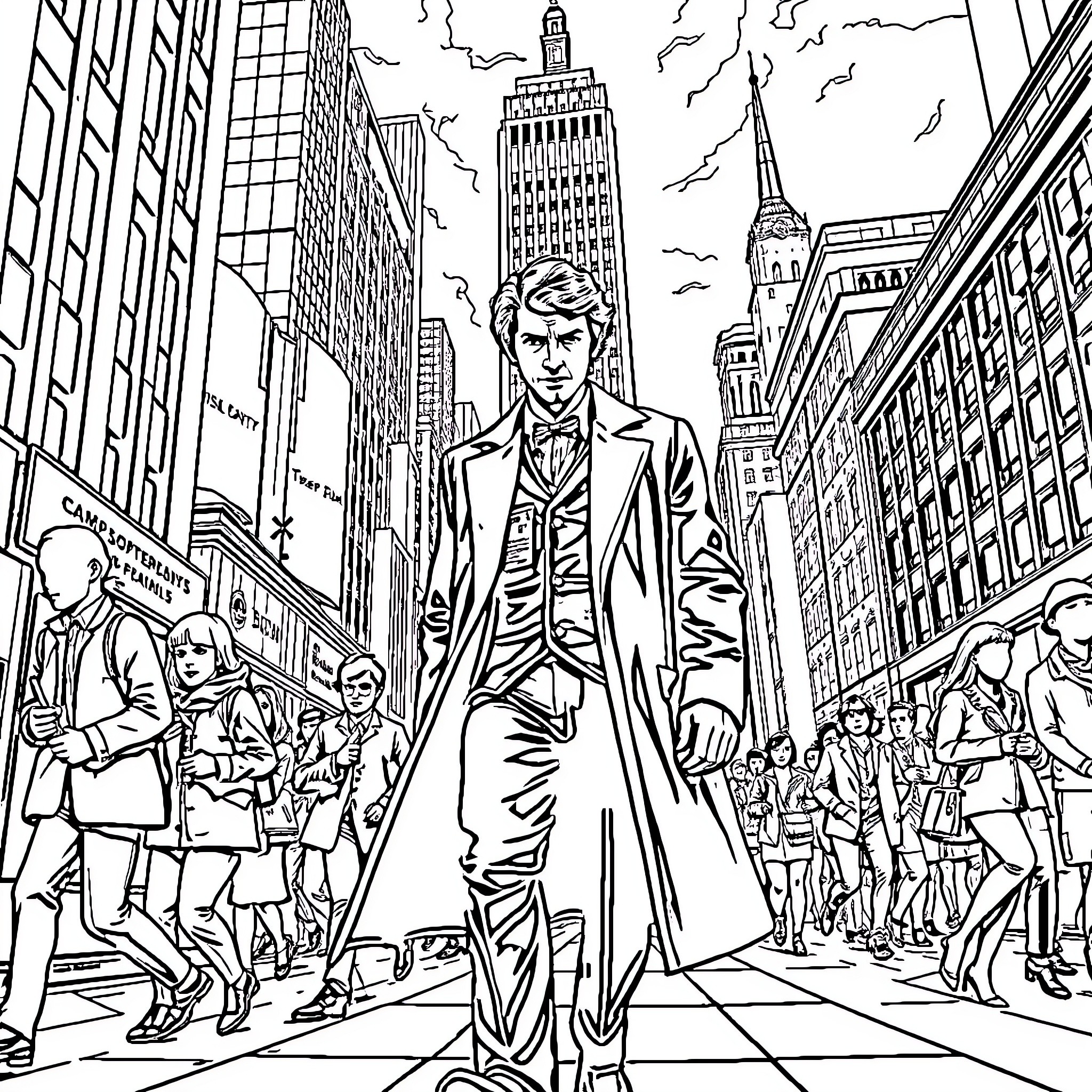 Doctor Strolling Through a Bustling City Landscape Coloring Page (free black-and-white line drawing printable PDF for all, from beginners to advanced learners, including children, teens, adults, and seniors)