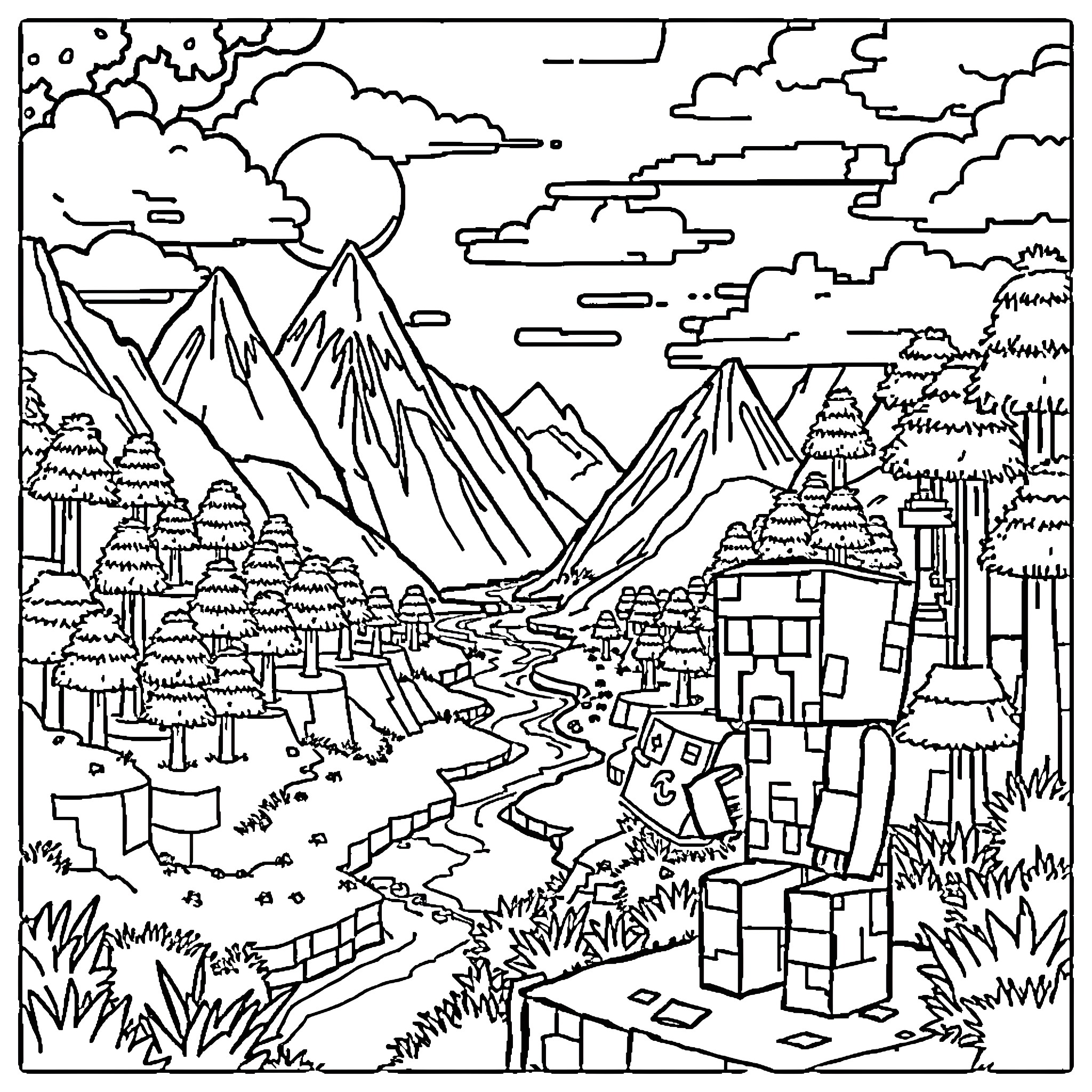 Creeper exploring the mountainous landscape Coloring Page (free black-and-white line drawing printable PDF for all, from beginners to advanced learners, including children, teens, adults, and seniors)